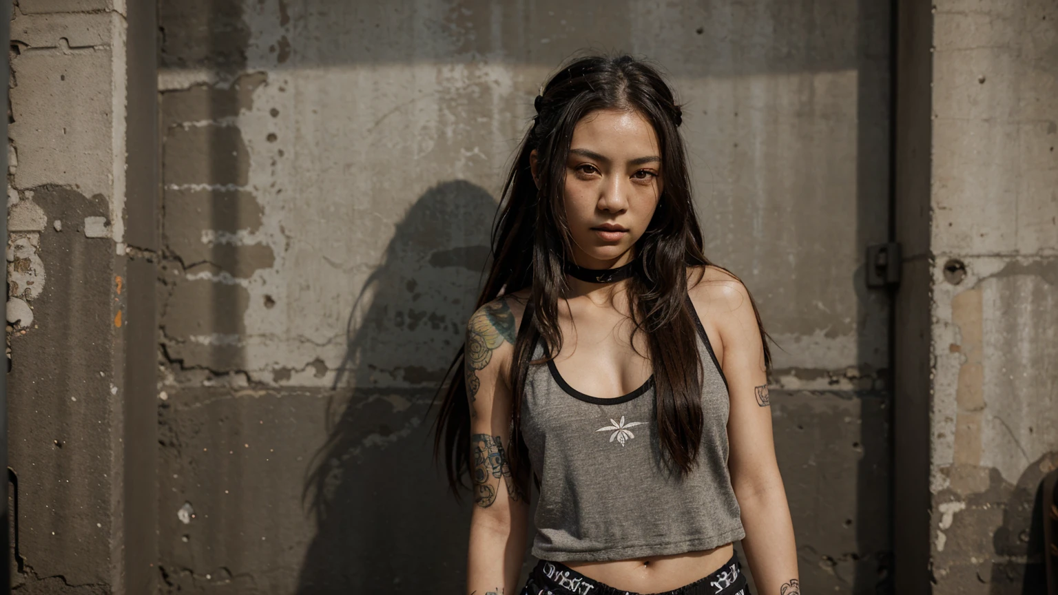 stylized artwork of soft filter. grunge filter. photorealistic. 8k. cinematic, very high resolution. maximum resolution. ultra realistic. unique beautiful face, realistic face, retro grunge photo ascetic. grunge japanese wall graffiti., full-body-tattooed. black-dreadlocks cute sexy asian girl, in marijuana buds , skimpy small red gym outfit. sunset