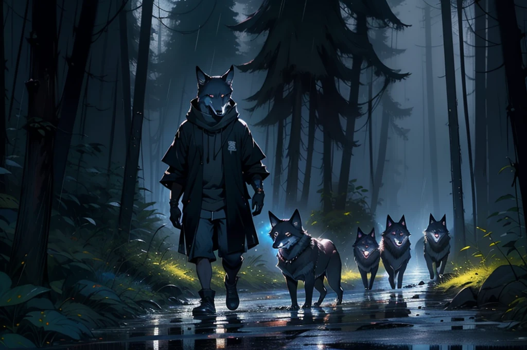 furry wolf, fark forest, rain,  night, darc fantasy
