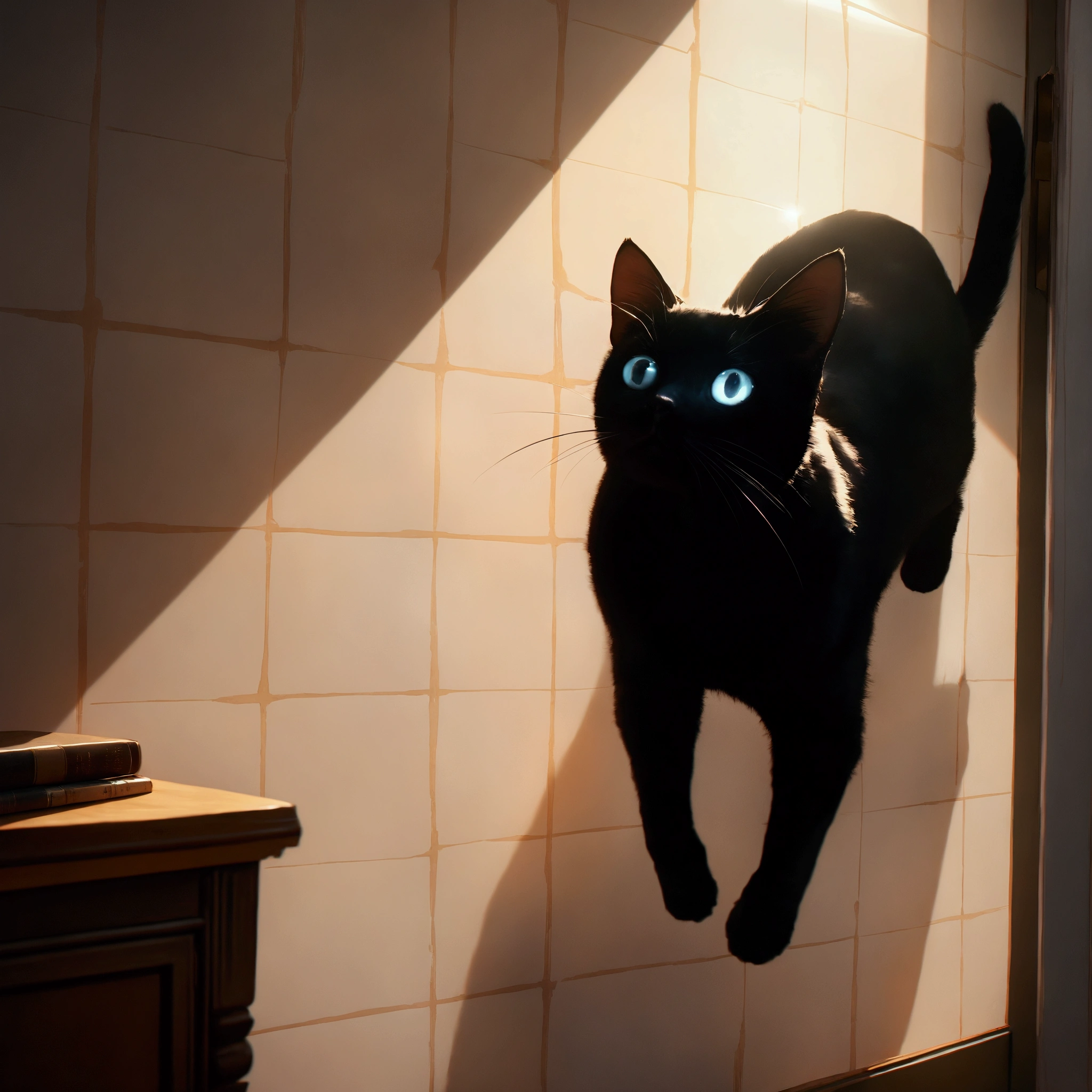 quality\(8k,wallpaper of extremely detailed CG unit, masterpiece,hight resolution,top-quality,top-quality real texture skin,hyper realisitic,increase the resolution,RAW photos,best qualtiy,highly detailed,the wallpaper,cinematic lighting,ray trace,golden ratio\), BREAK ,black cat, jumping,surprised,at beautiful home