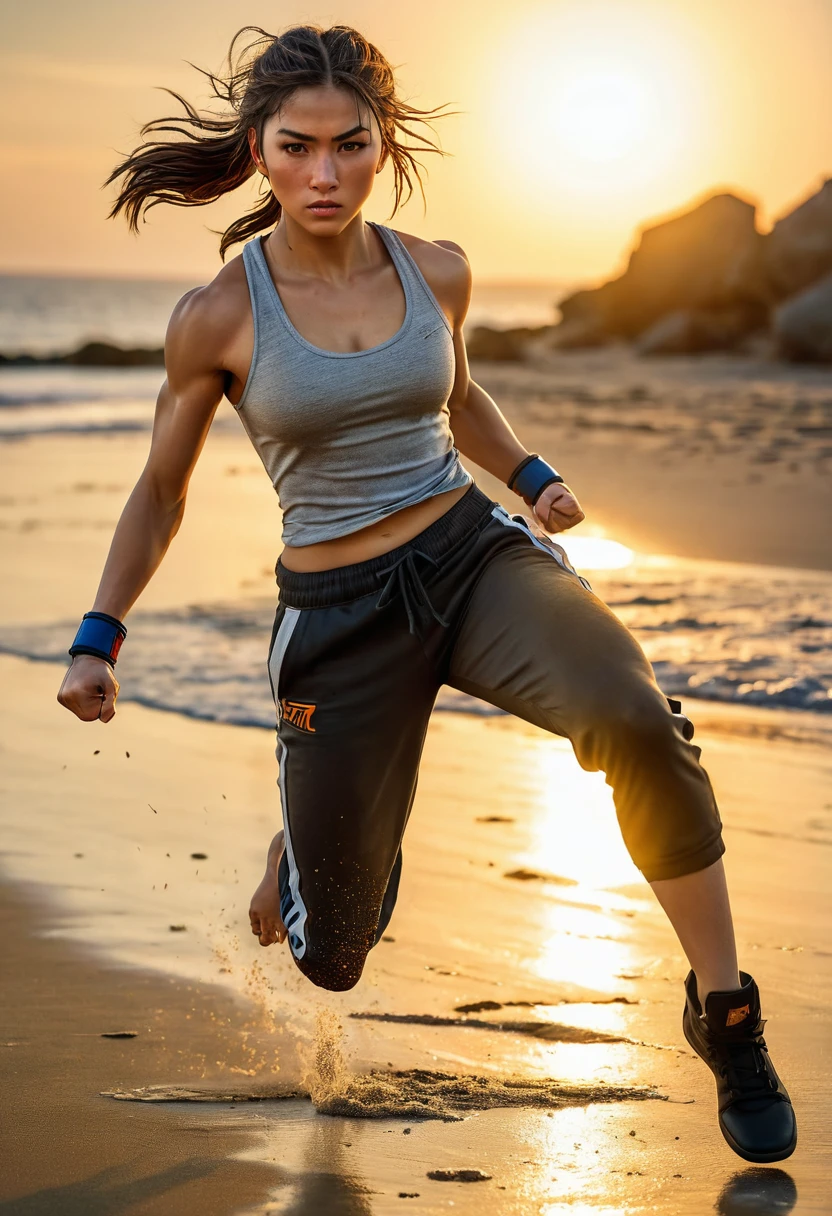 A photorealistic image of a young girl training to be a street fighter. She is outdoors, on a weathered beach at sunset. The girl is in a powerful stance, mid-air performing a roundhouse kick (kicking:1.5). Her right leg is extended straight, foot flexed, with a faint light streak trailing behind her shin to show the kicking motion (motion:1.8), similar to manga art. She wears worn athletic clothing, including a tank top and ripped black joggers. Her determined expression is etched with concentration. The golden light of the setting sun casts long shadows and highlights the dust particles in the air. UHD, super detailed, epic realism, dramatic light