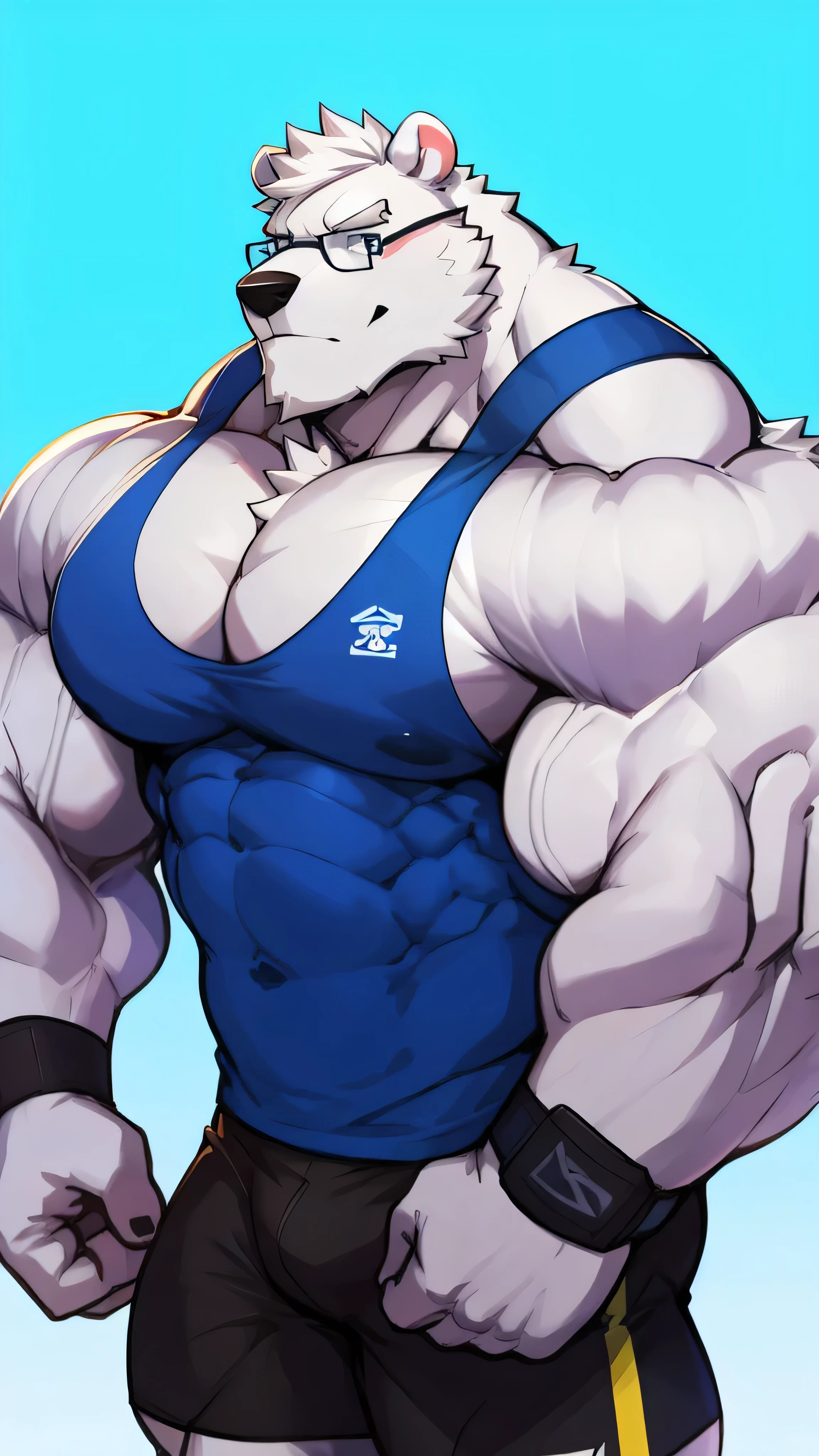 solo, 1boy, Huge Muscular White Polar Bear wearing glasses, huge white fur, pectoral, huge pectoral, wide pectoral, short white hair, blue colored short pants, blue colored wristbands and blue colored tank top, white bearded, white Mustache, white fur, simple background, masterpiece, high detailed, 8k, high resolution, at the gym, flexes huge muscles