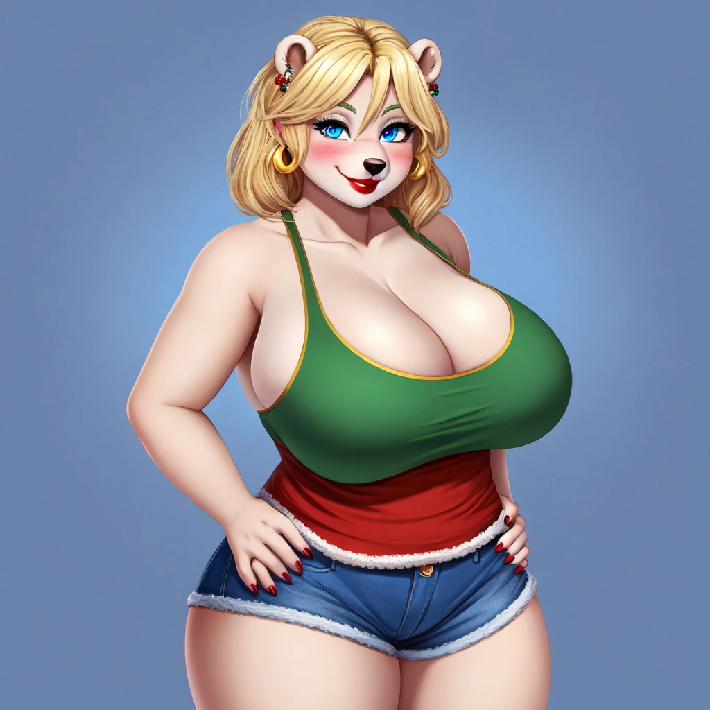 Blonde polar bear woman, wearing a Christmas tank top and jean shorts, perfect face, blue eyes, big breasts, cleavage, three-quarter view, solo, smile, perfect detailed body, red lipstick, gold earring, hand on hips, blushing