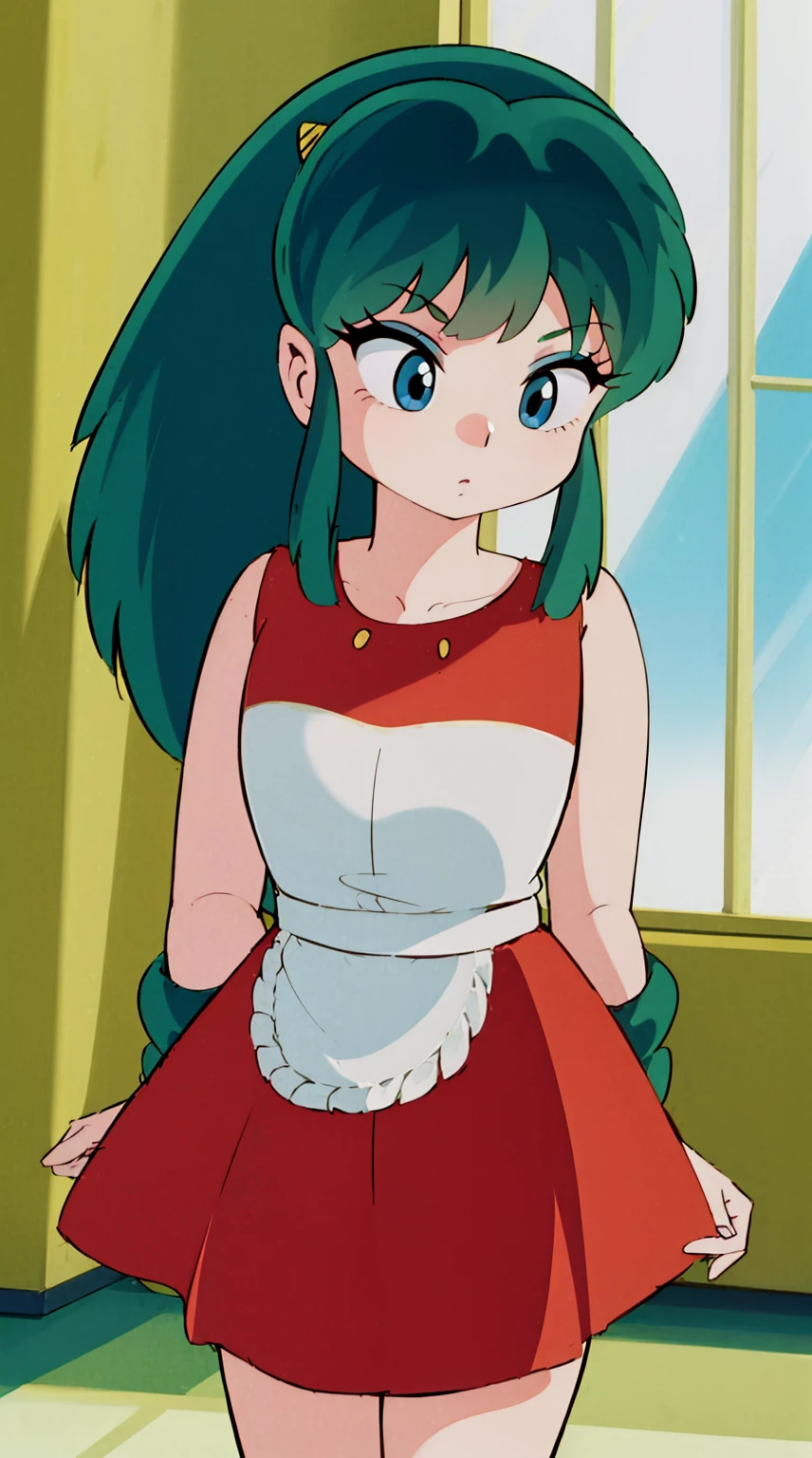 Lum, 1girl, long hair, bangs, beautiful detailed eyes, beautiful detailed lips, extremely detailed eyes and face, long eyelashes, young teenage girl, indifferent facial expression, blue eyes, maid outfit, barefoot, indoor room setting, gloomy atmosphere, (best quality,4k,8k,highres,masterpiece:1.2),ultra-detailed,(photo-realistic:1.37),intricate details,cinematic lighting,moody colors, недовольное лицо,