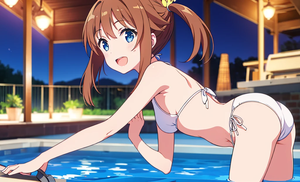 Masterpiece, Best Quality, extremely detailed, cheered up, girl,night pool,high waist bikini,SMILE,:d,action,(small breasts),ass focus 