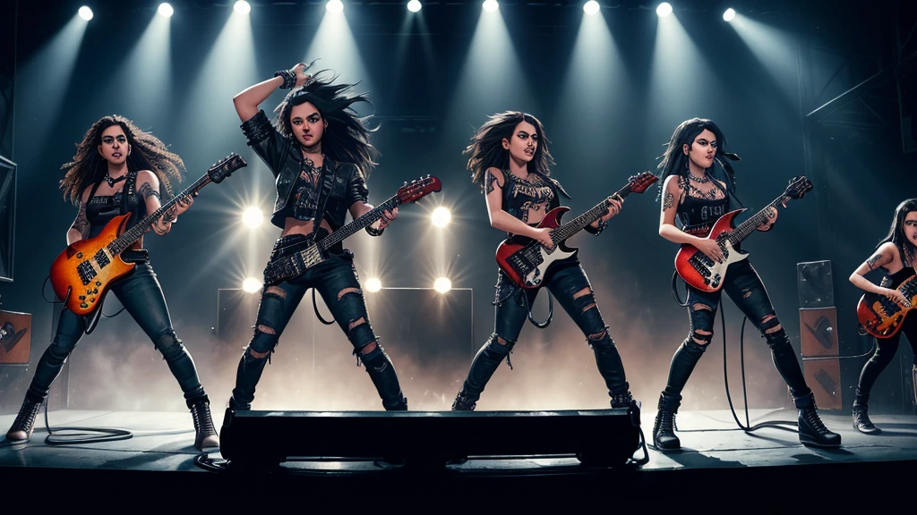 a heavy metal band of 4 young women, edgy punk rock style, gritty leather and chains, electric guitars, detailed facial features, dramatic eye makeup, intense expressions, ripped jeans, standing on a dark stage, dramatic stage lighting, dynamic poses, ultra-detailed, 8k, photorealistic