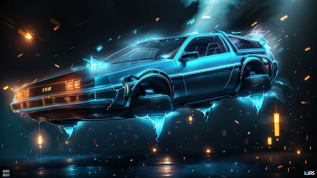 Back to the Future Time Machine,1 set,Floating,neon,Very fine LED particles,A body covered in light particles,8K,RAW Photos,Highest quality,masterpiece,reality,Very detailed,bfdlrn,