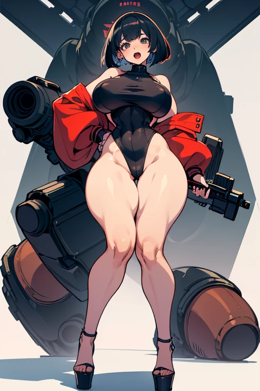 exited, smile, scream, Open mouth, young girl, Pullover, whole body to see bob cut hair, (( very wide hips)), (((colossal Thighs, gigantic thighs, very huge thighs, very big thighs))), fullbody, platform heels, black skin, very Big breast, gun, soldier girl , full body, military , high cut leotard, cyberpunk, battle, tight stockings, body back view, butt