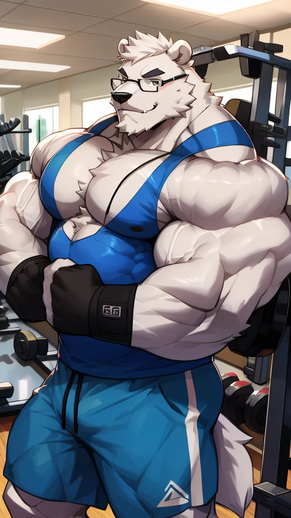 solo, 1boy, Huge Muscular White Polar Bear wearing glasses, huge white fur, pectoral, huge pectoral, wide pectoral, short white hair, blue colored short pants, blue colored wristbands and blue colored tank top, white bearded, white Mustache, white fur, black eyebrows, gym fitness center background, masterpiece, high detailed, 8k, high resolution, at the gym, flexes huge thorax, looking at the viewer, acting all hunk