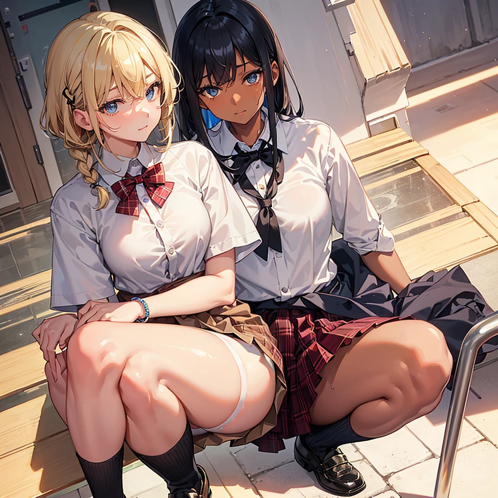 Character Focus、From above(school uniform:1.3), (Plain beige clothing around the waist:1.5), (West knot:1.3), (white collared-shirt:1.4), ((white collar, Unbutton, Short sleeve):1.2), (Red Plaid Pleated Skirt:1.3), ((necklace, Colorful Bracelets, ×Hair accessories):1.2),
Very detailed、(8k, RAW Photos, highest quality, masterpiece:1.2), (extremely detailed 8k wallpaper),shape、Professional Lighting,Sharp focus, Written boundary depth、
Browsing Caution、Clear Eyes、Perfect Anatomy、With a girl、15-year-old student、Black Gal(Dark Skin:1.2)、(Oily skin,Glowing Skin,Shiny skin,Sweat:1.2),smile、Plump thighs、Huge 、Fully exposed、Big Breasts,(gap between buttons:1.4)、Lift up your skirt、blue eyes、blonde、(Compensate:1.1)、(Black High Socks 1.6)、:1.6、Brown Loafers、sitting、((open legs:1.5)),On the street、Pastel colored pantiesが見えている、((Pastel colored panties))、((Shiny panties))、((Normal position:1.4))、(((Squatting pose))),((I was made to sit with my legs open...))、cowgirl position, squatting, spread legs、, blazer,
