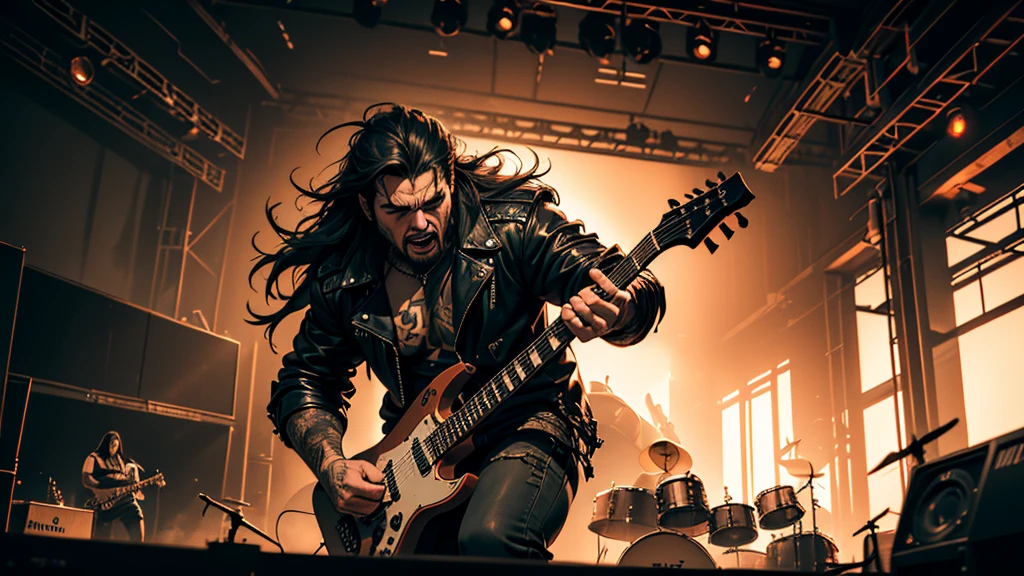 a heavy metal band performing on stage, gritty and intense, lead singer with long hair and leather jacket, guitarist shredding, drummer pounding the drums, dramatic fog and lighting, cinematic and high energy, dark and moody atmosphere, dynamic performance, intense guitar riffs, pounding drums, raw and powerful, masterful musicianship, (best quality,4k,8k,highres,masterpiece:1.2),ultra-detailed,(realistic,photorealistic,photo-realistic:1.37),cinematic lighting, dramatic shadows, hard rock, extreme metal, heavy metal concert, concert photography