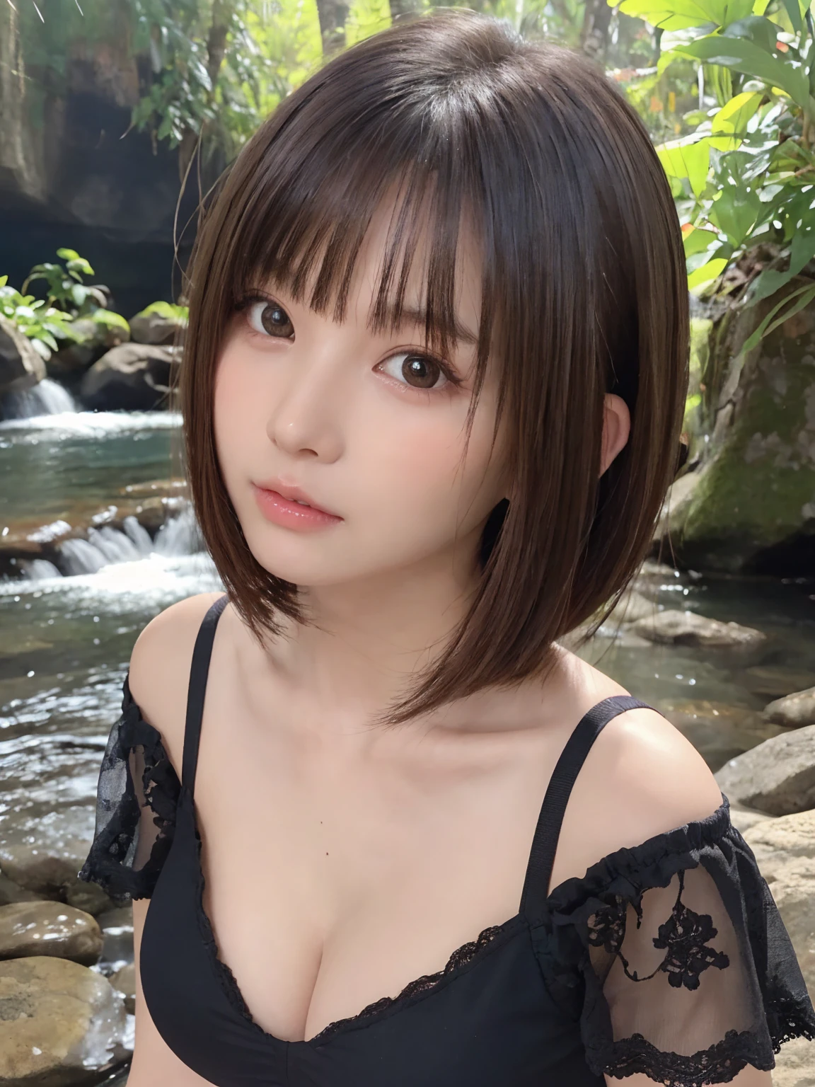 One Girl, (beautiful girl, Delicate girl:1.3), (:1.3),
break,  (string、Off-the-shoulder tops:1.2),
break, (Small waterfall　background:1.2),
break, Very beautiful eyes, (Symmetrical eyes:1.3),
break, (Big Breasts:1.1), Brown eyes, Parted bangs, Brown bob cut hair, Round face, cute,
break, (Eye and facial details:1.0),
break, (masterpiece, Highest quality, Very detailed, Detailed face, 8K)