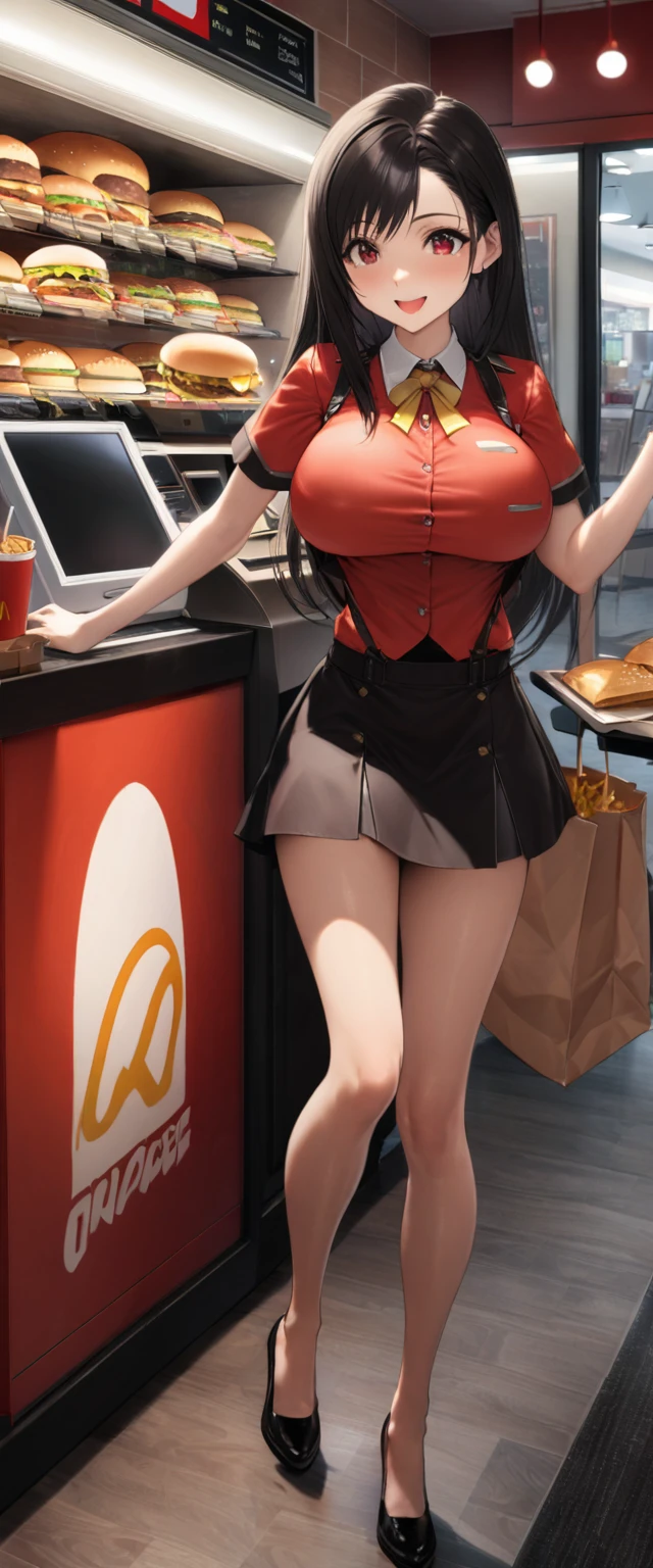 Highest quality, Super quality, 16K, Incredibly absurd, Very detailed, delicate and dynamic, SFW, Natural light, , Diffuse reflection of light, Vortex of Light, In-store pop, , Fast food restaurants, McDonald, hamburger, Sparkling, Create amazing image effects, cash register, Full body close-up, (cute sexy girl, firm busts, sexy long legs, hamburgerショップの店員, Sensual expression, fine, Active, smile, cash registerで接客, paper bag, , , black long hair, hamburgerショップのUniform, Store clerk uniform, hamburgerショップ店員の帽子をかぶる, Tifa Lockhart Final Fantasy VII )