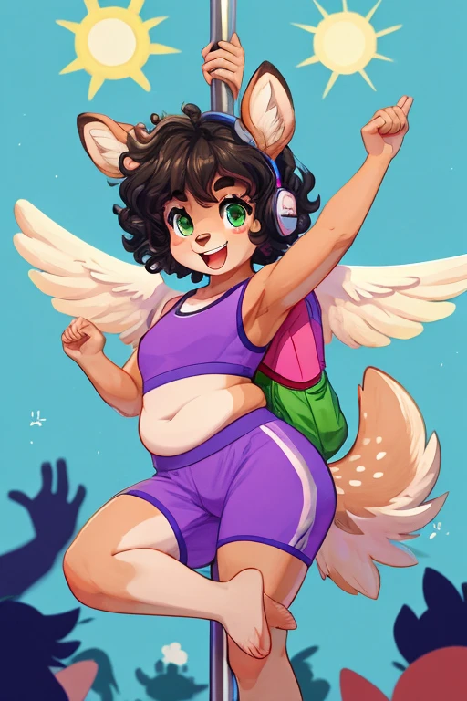 Cute, deer boy, small deer antlers, innocent, chubby, fat, big thighs, androgynous, femboy, short curly hair, black hair, fawn spots, freakles, ((cute)), smiling, wearing cottage core outfit, pastel color scheme, young, cartoony, adorable, deer tail, moss green eyes, angel wings, dynamic pose, excited pose, energetic pose, happy pose, summer, summer weather, summer clothes, sun, wearing a colorful sports bra with breathable short athletic shorts and minimalist smartwatch  (fitness tracker) and earplug headphones, carrying a small, stylish gym bag or a backpack, dancing, ((pole dancing)), acrobatics, training,