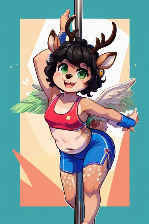 Cute, deer boy, small deer antlers, innocent, chubby, fat, big thighs, androgynous, femboy, short curly hair, black hair, fawn spots, freakles, ((cute)), smiling, wearing cottage core outfit, pastel color scheme, young, cartoony, adorable, deer tail, moss green eyes, angel wings, dynamic pose, excited pose, energetic pose, happy pose, summer, summer weather, summer clothes, sun, wearing a colorful sports bra with breathable short athletic shorts and minimalist smartwatch  (fitness tracker) and earplug headphones, carrying a small, stylish gym bag or a backpack, dancing, ((pole dancing)), acrobatics, training,