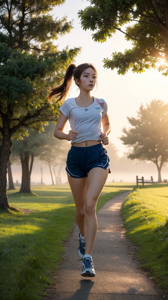 Wide shot, Lina, 27 years old, slender, casual clothes, brown hair, ponytail, light makeup, blue eyes, athletic, artistic, , running, park, morning, soft light, dewy grass, trees, path, sunrise, mist.