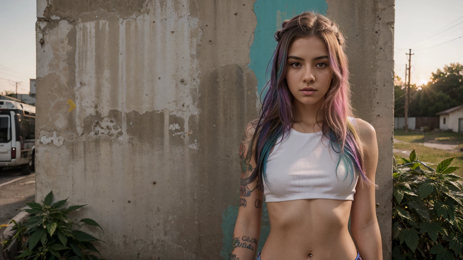 stylized artwork of soft filter. grunge filter. photorealistic. 8k. cinematic, very high resolution. maximum resolution. ultra realistic. unique beautiful face, realistic face, retro grunge photo ascetic. grunge mexican wall graffiti., full-body-tattooed. rainbow hair. cute sexy blonde girl, in marijuana plants buds crop, skimpy small red gym outfit. sunset