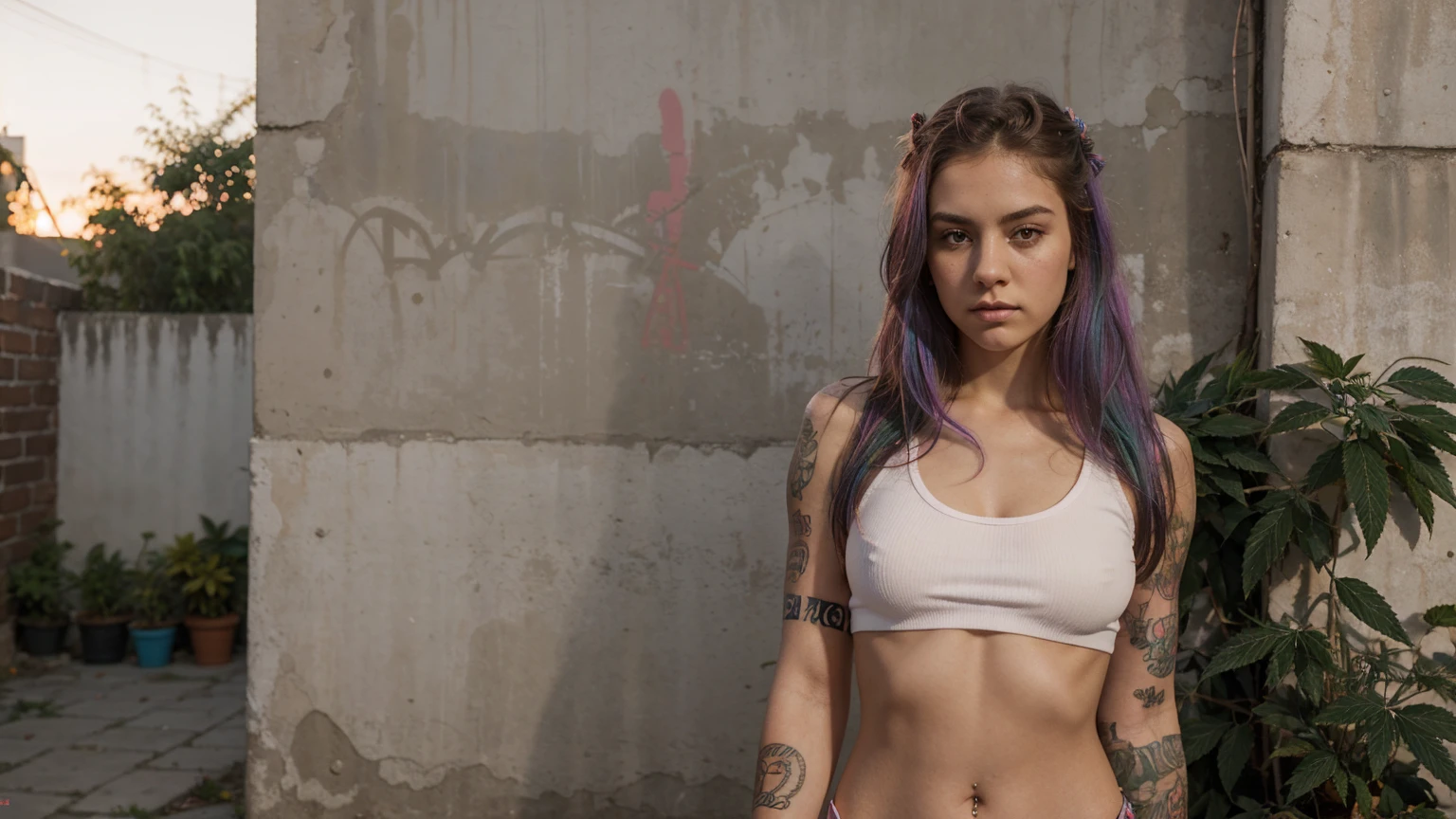 stylized artwork of soft filter. grunge filter. photorealistic. 8k. cinematic, very high resolution. maximum resolution. ultra realistic. unique beautiful face, realistic face, retro grunge photo ascetic. grunge mexican wall graffiti., full-body-tattooed. rainbow hair. cute sexyonde girl, in marijua buds crop, skimpy small red gym outfit. sunset