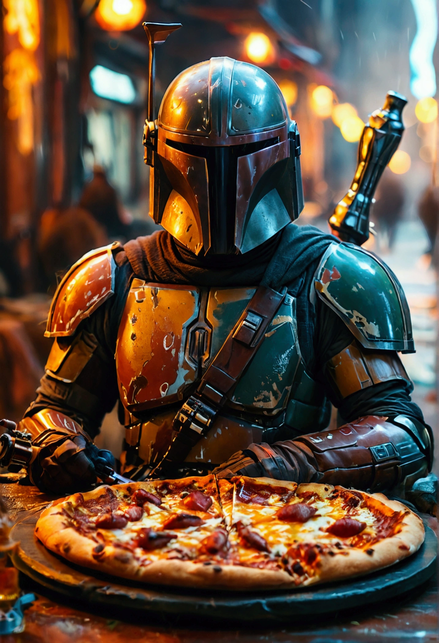 a star wars scene with the mandalorian holding a lightsaber at night on coruscant , Mandalorian helmet,eating pizza