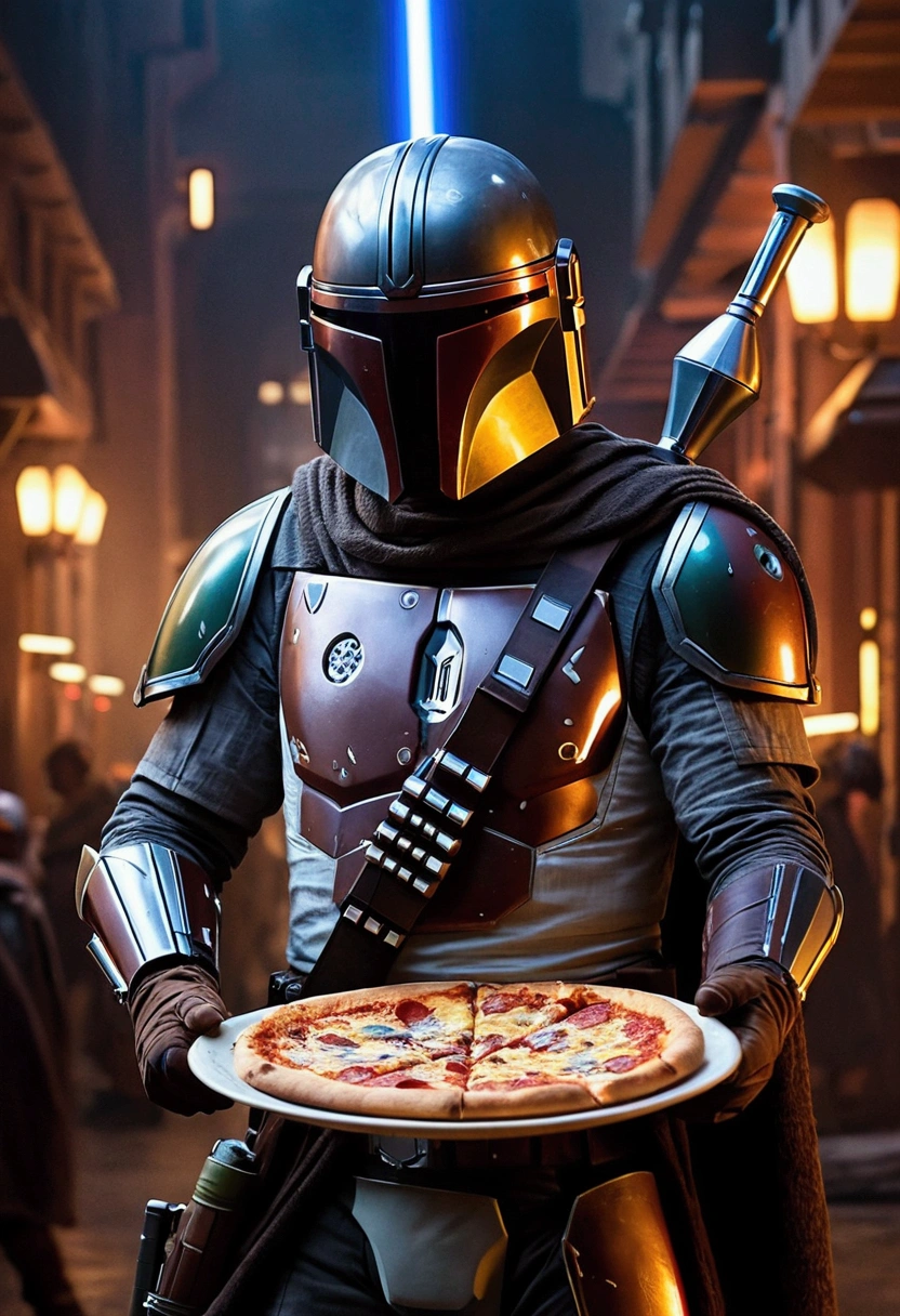 a star wars scene with the mandalorian holding a lightsaber at night on coruscant , Mandalorian helmet,eating pizza