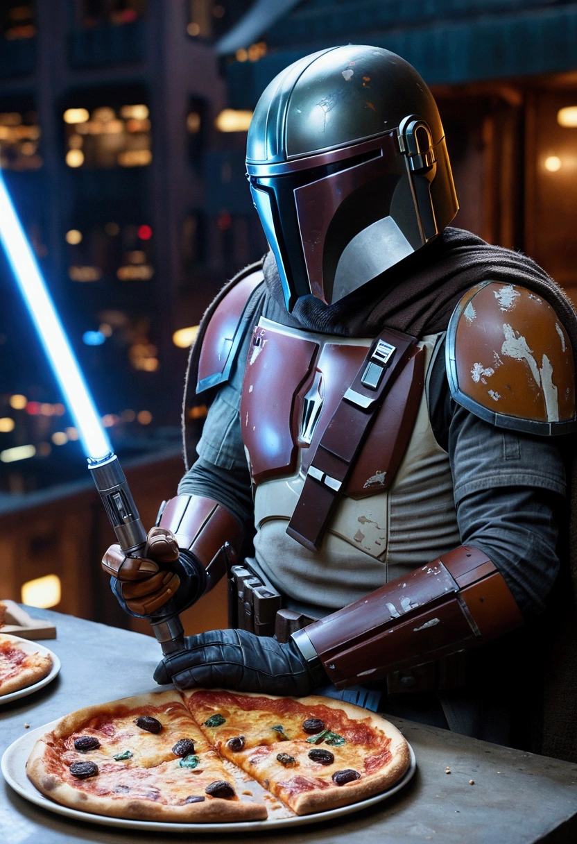 a star wars scene with the mandalorian holding a lightsaber at night on coruscant , Mandalorian helmet,eating pizza