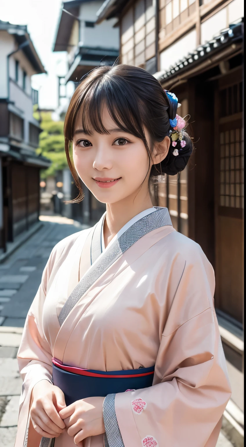 Professional Lighting,(Realistic:1.4), (Top image quality:1.0), (超High resolution:1.0), 8K, Raw photography, (masterpiece:0.2), (Dealing with the Children_v1:0.5)、(最高quality Detail:1.2)、Realistic、8K Ultra HD、High resolution、(1 Girl:1.2)、超detailedな、High quality textures、複雑なdetailed、detailed、Very detailed CG、High quality shadows、detailed 美しく繊細な顔、Beautiful details and a delicate eye、(Symmetrical eyes:1.2),Written boundary depth、Ray Tracing,1 Girl, Japanese Girls, (Natural smile:1.4),cute, thin, Portrait of a beautiful Japanese woman in a kimono, Standing elegantly on a street corner in Kyoto. Kimono with vibrant traditional patterns, Hair decorated with elegant and delicate hairpins, Gentle expression. (With the old streets of Kyoto in the background:1.4)、The soft light of a spring afternoon、Adding tranquility to the scene. Rendered in a Realistic style with great attention to detail, High resolutionの画像.Sky Porn, Magic Hour, (Realistic:1.3), finely, quality, (Tabletop:1.2), (Realistic:1.2), (最高quality), (複雑なdetailed), dramatic, Ray Tracing, photograph, +roller