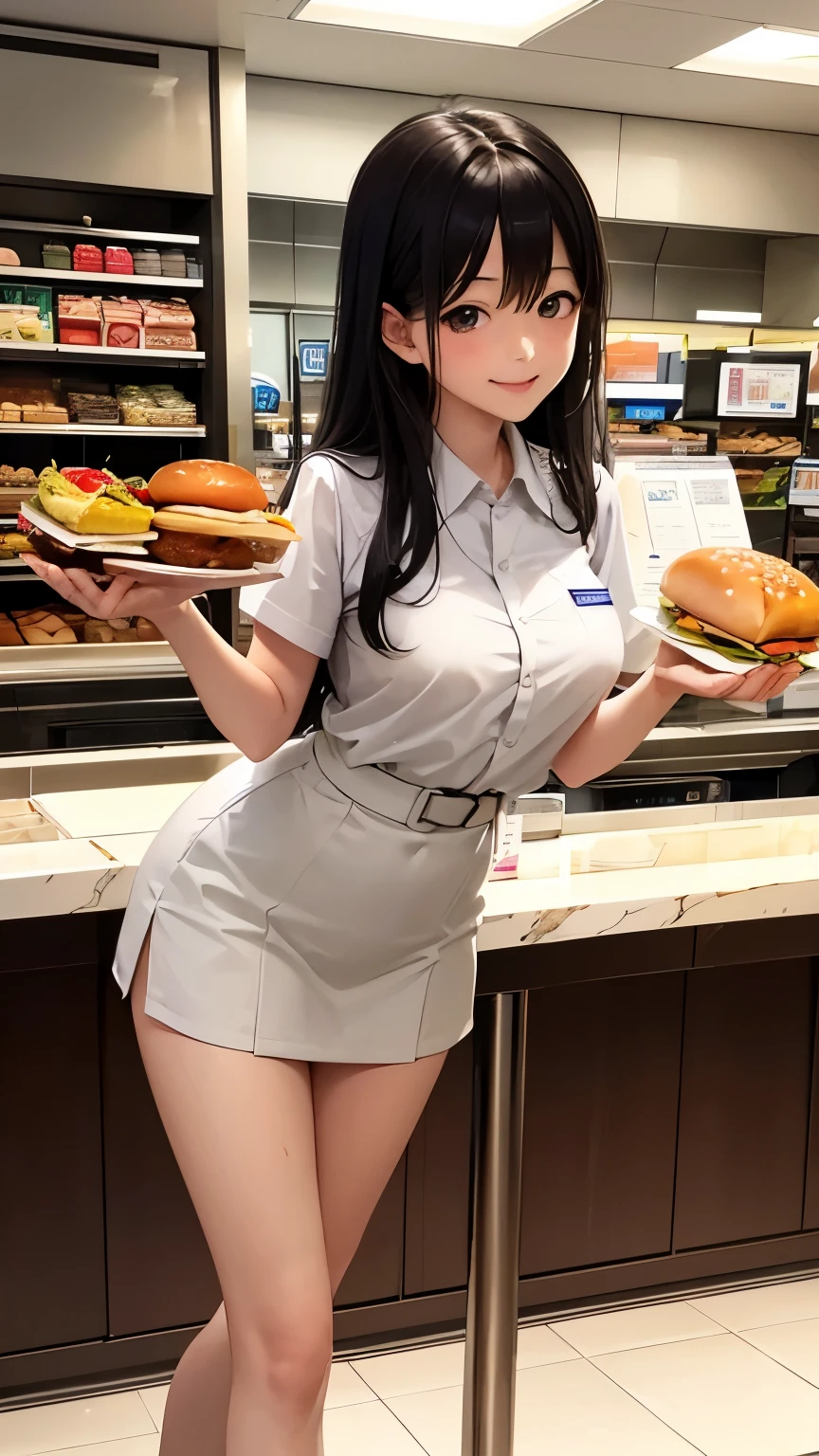 Highest quality, Super quality, 16K, Incredibly absurd, Very detailed, delicate and dynamic, SFW, Natural light, Small particles reflect light, Diffuse reflection of light, Vortex of Light, In-store pop, , Fast food restaurants, McDonald, hamburger, Sparkling, Create amazing image effects, cash register, Full body close-up, (cute sexy girl, firm busts, sexy long legs, hamburgerショップの店員, Sensual expression, fine, Active, smile, cash registerで接客, paper bag, , , black long hair, hamburgerショップのUniform, Store clerk uniform, hamburgerショップ店員の帽子をかぶる,  )