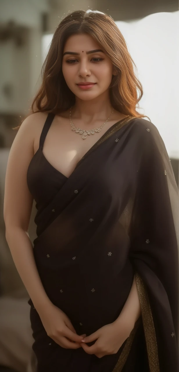 Day scene, full body photo of a sexy milf aishwarya rai, curvy hourglass figure, posing in balcony, plain black half saree, large breasts, navel show, cleavage show, seductive face, look at camera and smile, ponytail hair, (green eyes:0.8), cute mature face, 50 yo, soft volumetric lightacklit:1.3), (cinematic:1.3), intricate details, (ArtStation:1.2)