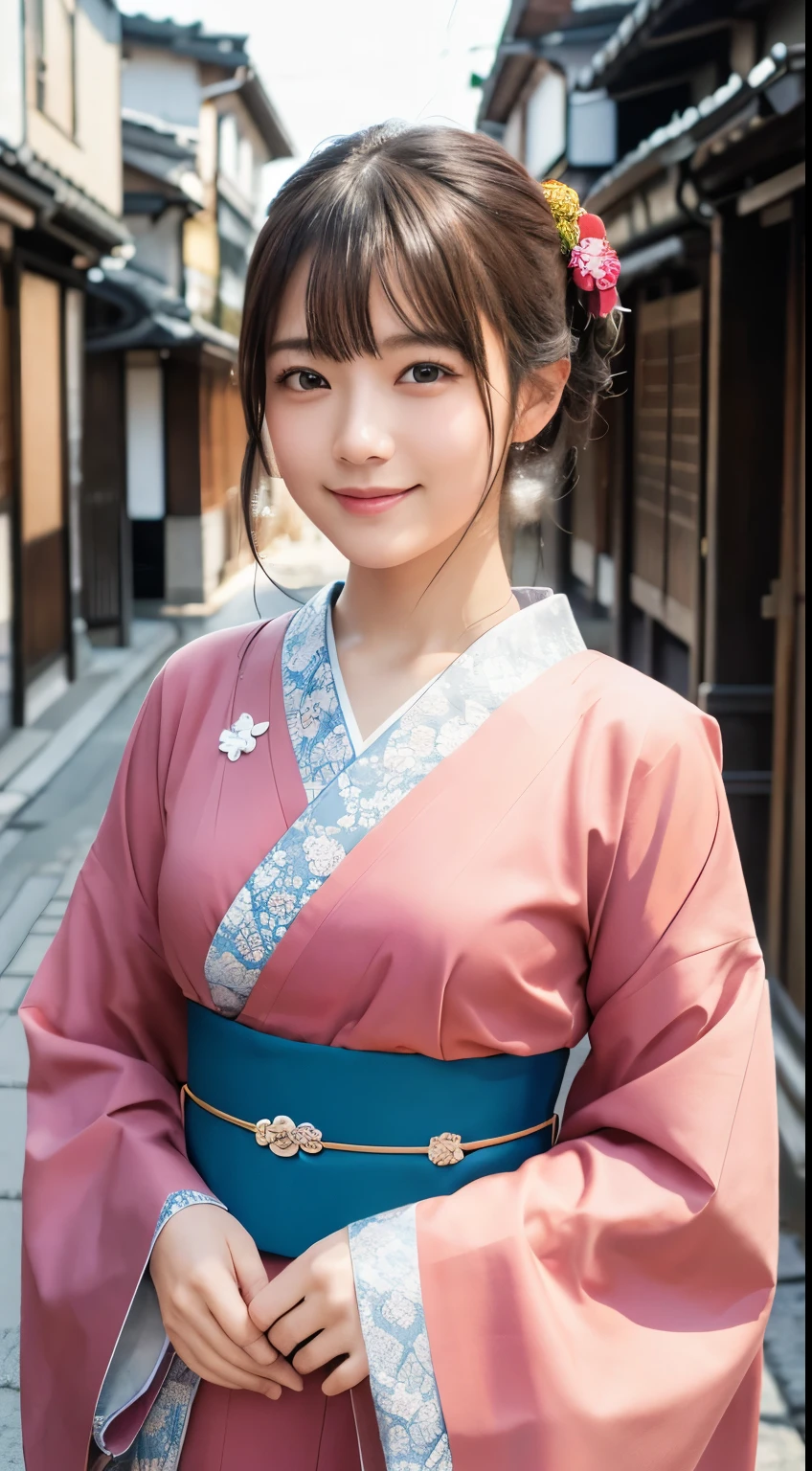 Professional Lighting,(Realistic:1.4), (Top image quality:1.0), (超High resolution:1.0), 8K, Raw photography, (masterpiece:0.2), (Dealing with the Children_v1:0.5)、(最高quality Detail:1.2)、Realistic、8K Ultra HD、High resolution、(1 Girl:1.2)、超detailedな、High quality textures、複雑なdetailed、detailed、Very detailed CG、High quality shadows、detailed 美しく繊細な顔、Beautiful details and a delicate eye、(Symmetrical eyes:1.2),Written boundary depth、Ray Tracing,1 Girl, Japanese Girls, (Natural smile:1.4),cute, thin, Portrait of a beautiful Japanese woman in a kimono, Standing elegantly on a street corner in Kyoto. Kimono with vibrant traditional patterns, Hair decorated with elegant and delicate hairpins, Gentle expression. (With the old streets of Kyoto in the background:1.4)、The soft light of a spring afternoon、Adding tranquility to the scene. Rendered in a Realistic style with great attention to detail, High resolutionの画像.Sky Porn, Magic Hour, (Realistic:1.3), finely, quality, (Tabletop:1.2), (Realistic:1.2), (最高quality), (複雑なdetailed), dramatic, Ray Tracing, photograph, +roller
