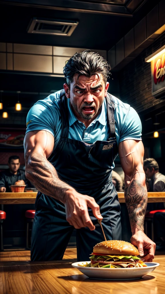 a middle-aged fast food restaurant employee, dropping the plates he was carrying, highly detailed, photorealistic, 8k, best quality, intricate details, vivid colors, dramatic lighting, realistic textures, impactful composition, emotional expression, surprised facial expression, dropping plates, fast food restaurant interior, greasy floor, chaotic scene, motion blur, dramatic shadow effects