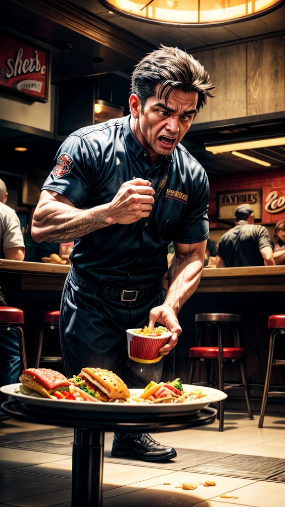 a middle-aged fast food restaurant employee, dropping the plates he was carrying, highly detailed, photorealistic, 8k, best quality, intricate details, vivid colors, dramatic lighting, realistic textures, impactful composition, emotional expression, surprised facial expression, dropping plates, fast food restaurant interior, greasy floor, chaotic scene, motion blur, dramatic shadow effects