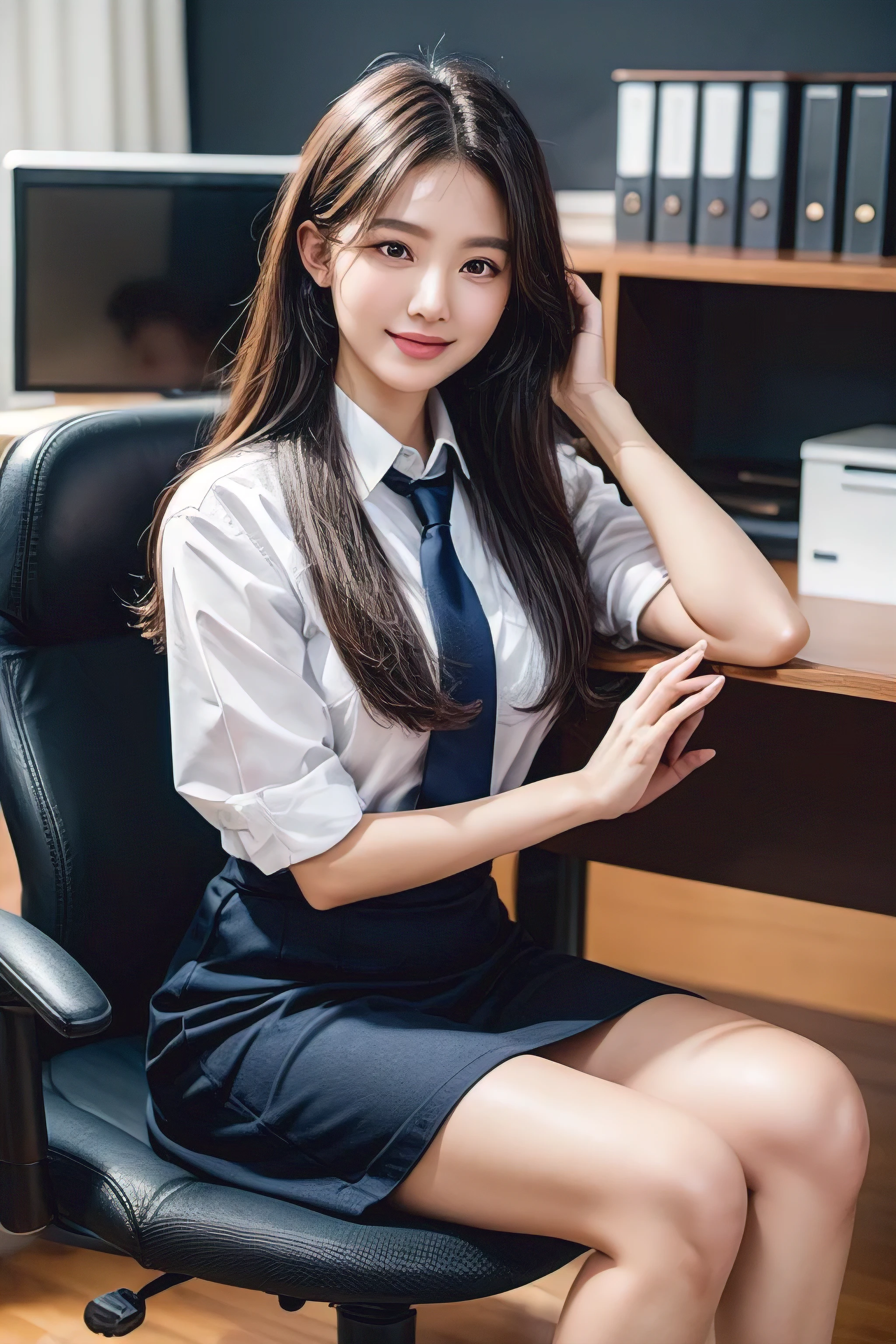 (Natural background), masterpiece, Highest quality, shape, Very detailed, finely, High resolution, 8k wallpaper, Perfect dynamic shape, Finely beautiful eyes, Medium chest, Natural color lip, Random pose, smile, ((office)), Beautiful women in their twenties, Full Body Shot, Long Hair, ((working office uniform)), Thinking Ahead, Sit on a chair,Navy blue tie