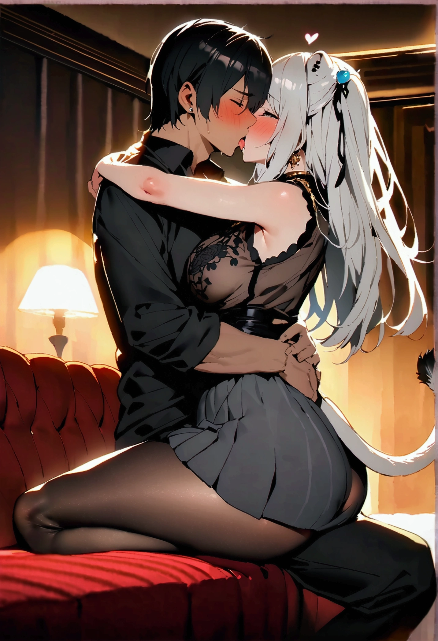 NSFW,masterpiece,Highest quality,High resolution,Super detailed,Shishirabotan\(Hololive\),Long Hair、Two Side Up、Earrings、Lion&#39;s Tail,necklace、Black Shirt、Sleeveless shirt、abdomen、See-through、Grey Skirt、片足pantyhose、pantyhose、Off the shoulder,Black sexy panties,Embarrassed,blush,(In heat),Luxurious Room,pub,Private room,sofa,(Drunk),(Intoxication),heart,Sexy pose,Panty shot,(Middle-aged men),(A man puts his hands on her waist and hugs her),to kiss,Tongue entangled,From the side,(Face-to-face sitting position),(Having sex)
