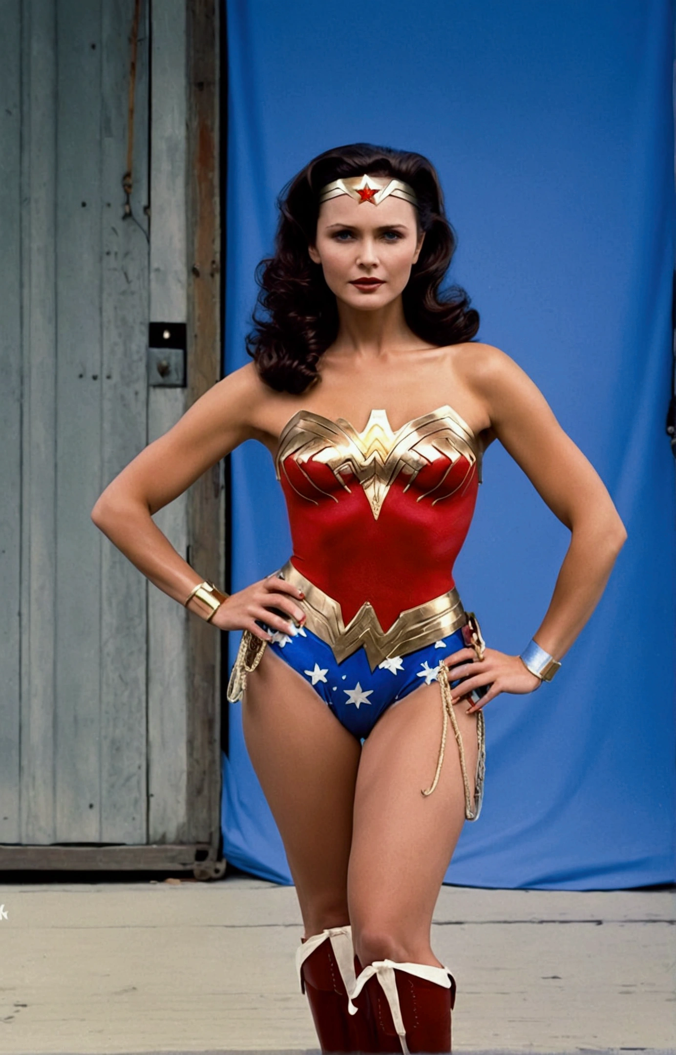 Linda Carter. Wonder woman. Full body shot, full length cinematic shot. sensual. stupid. sexy, micro stupid. transparent lingerie. Xxx, hyper realism. 8k. Photography, hyper realism. k. Photography (Masterpiece, super detail, high detail, Best Quality, 8k