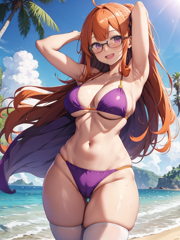 solo, 1girl, solo focus, masterpiece, intricate details, best quality, bikini, micro bikini, skindentation, pink bikini, cameltoe, areola slip, futaba sakura, glasses, orange hair, long hair, (purple eyes:1.1), ahoge, (gigantic breasts:1.1), gigantic hips, wide hips, thick thighs, (huge thighs:1.3), arms behind head, armpits, smile, open mouth, blush, contrapposto, very sweaty, standing, ((scenery, beach, outdoors, sunlight))