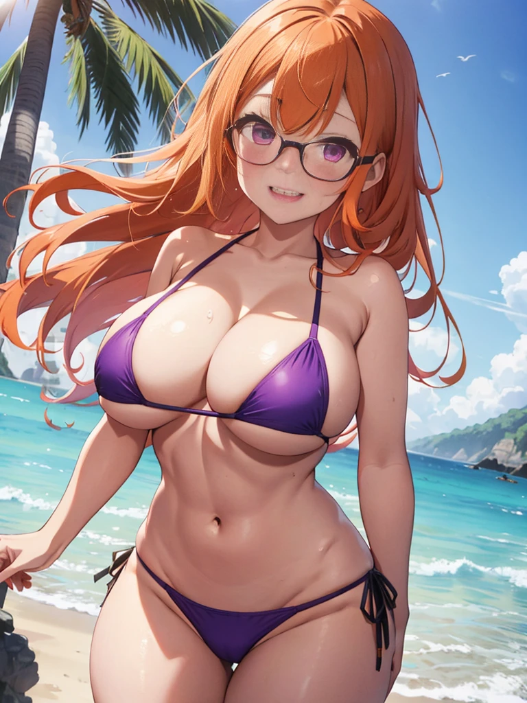 solo, 1girl, solo focus, masterpiece, intricate details, best quality, bikini, micro bikini, skindentation, pink bikini, cameltoe, areola slip, futaba sakura, glasses, orange hair, long hair, (purple eyes:1.1), ahoge, (gigantic breasts:1.1), gigantic hips, wide hips, thick thighs, (huge thighs:1.3), arms behind head, armpits, smile, open mouth, blush, contrapposto, very sweaty, standing, ((scenery, beach, outdoors, sunlight))