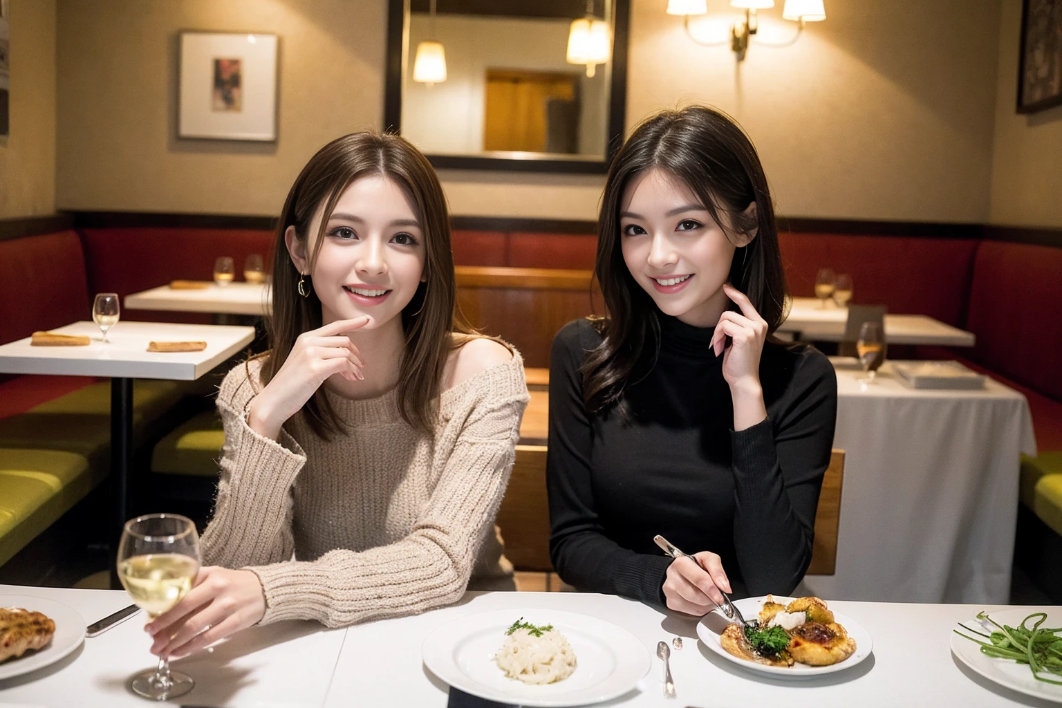 ((Highest quality、8K、masterpiece:1.3))、cute、slimカップル、modelカップル、actress男優、(Realistic, Intricate details:1.2), full-course dinner、Wine Party、Amazing view of the sunset sky and clouds、A bright smile、short hair,Bright Face、 (Age 45), 42 years old, red wine 、Appetizers、Italian food、Wine bottle、Champagne、sparkling wine、Two beauties、Brown Hair、Shortcuts、Long sleeve shirt、dress、Beautiful woman 1, (slimな顔), (The body is slim), (Brown Hair), (Shortcuts), cheeks turn a little red,Attractive beauty、restaurant, In a prominent place (From the waist up) Nova Frog Style, actress, model, Upper Body, White wine, slim, wine glass, 中央に置かれたwine glass, smile, (smile: 1.15), Beautiful fine grain, Depth f/2,saturation, High Contrast, Strong light and shadow,Moist Body:1.5、3D texture、Delicate eyes、Brown Hair、The hair is very shiny、