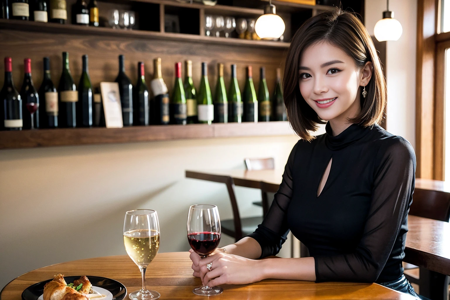 ((Highest quality、8K、masterpiece:1.3))、cute、slimカップル、modelカップル、actress男優、(Realistic, Intricate details:1.2), full-course dinner、Wine Party、Amazing view of the sunset sky and clouds、A bright smile、short hair,Bright Face、 (Age 45), 42 years old, red wine 、Appetizers、Italian food、Wine bottle、Champagne、sparkling wine、Two beauties、Brown Hair、Shortcuts、Long sleeve shirt、dress、Beautiful woman 1, (slimな顔), (The body is slim), (Brown Hair), (Shortcuts), cheeks turn a little red,Attractive beauty、restaurant, In a prominent place (From the waist up) Nova Frog Style, actress, model, Upper Body, White wine, slim, wine glass, 中央に置かれたwine glass, smile, (smile: 1.15), Beautiful fine grain, Depth f/2,saturation, High Contrast, Strong light and shadow,Moist Body:1.5、3D texture、Delicate eyes、Brown Hair、The hair is very shiny、