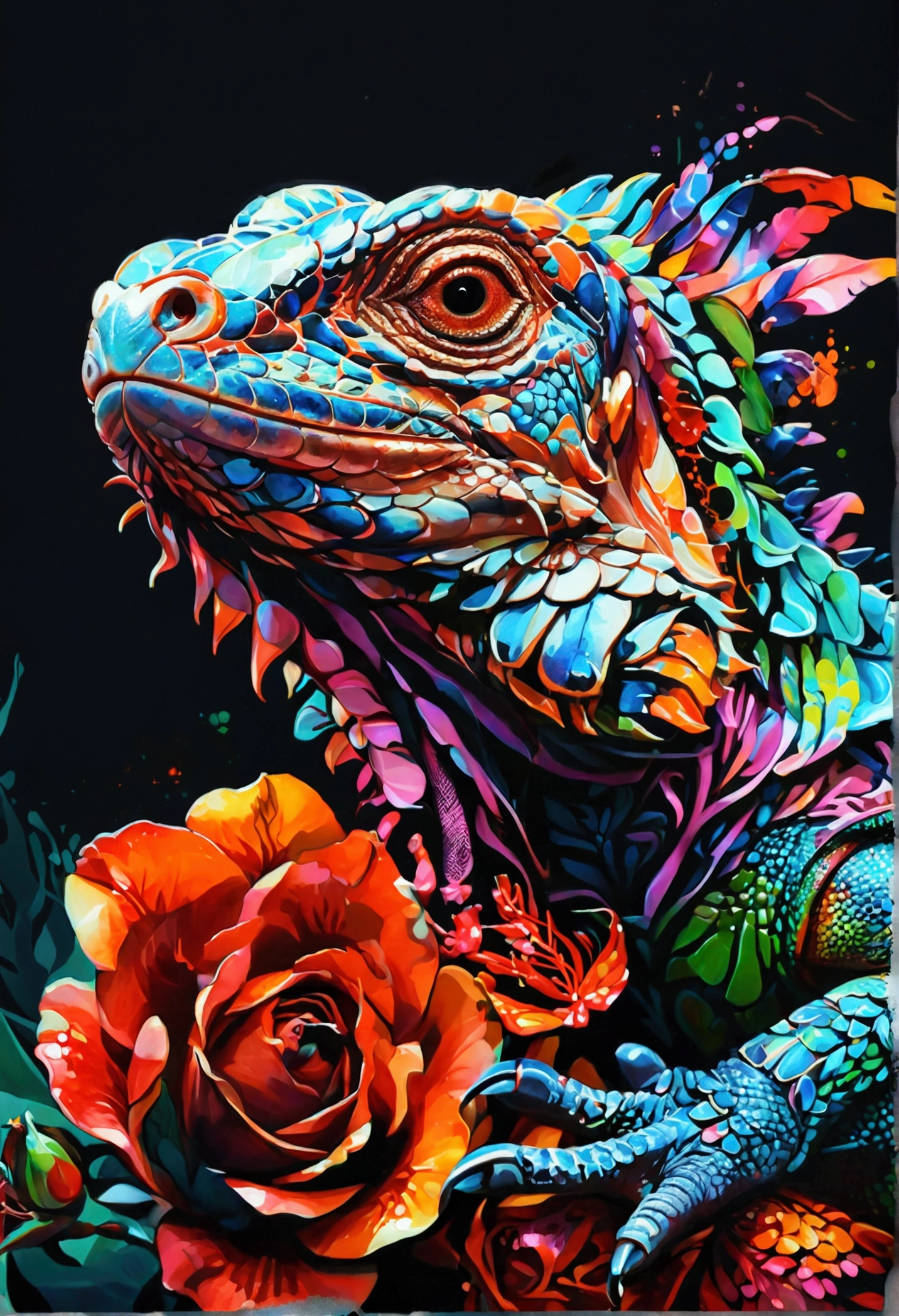 "Central design of an iguana: Art Nouveau, vector with discreet colors and synthwave. Simple background, -ar 1:1. High quality, watercolor logo style with 3D puff printing effect. Strong, dark colors, monochromatic background, by yukisakura, original and incredible colors."