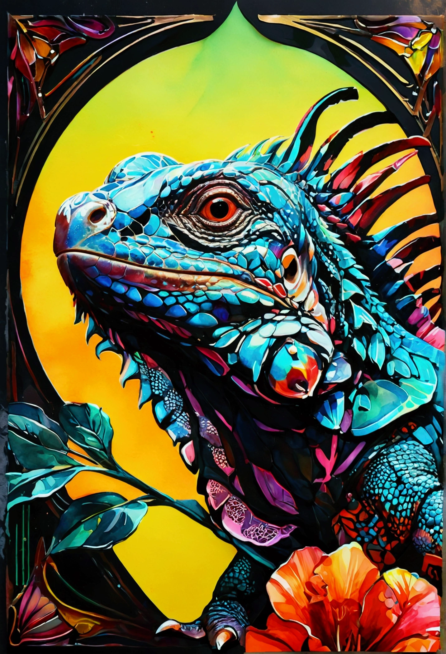 "Central design of an iguana: Art Nouveau, vector with discreet colors and synthwave. Simple background, -ar 1:1. High quality, watercolor logo style with 3D puff printing effect. Strong, dark colors, monochromatic background, by yukisakura, original and incredible colors."