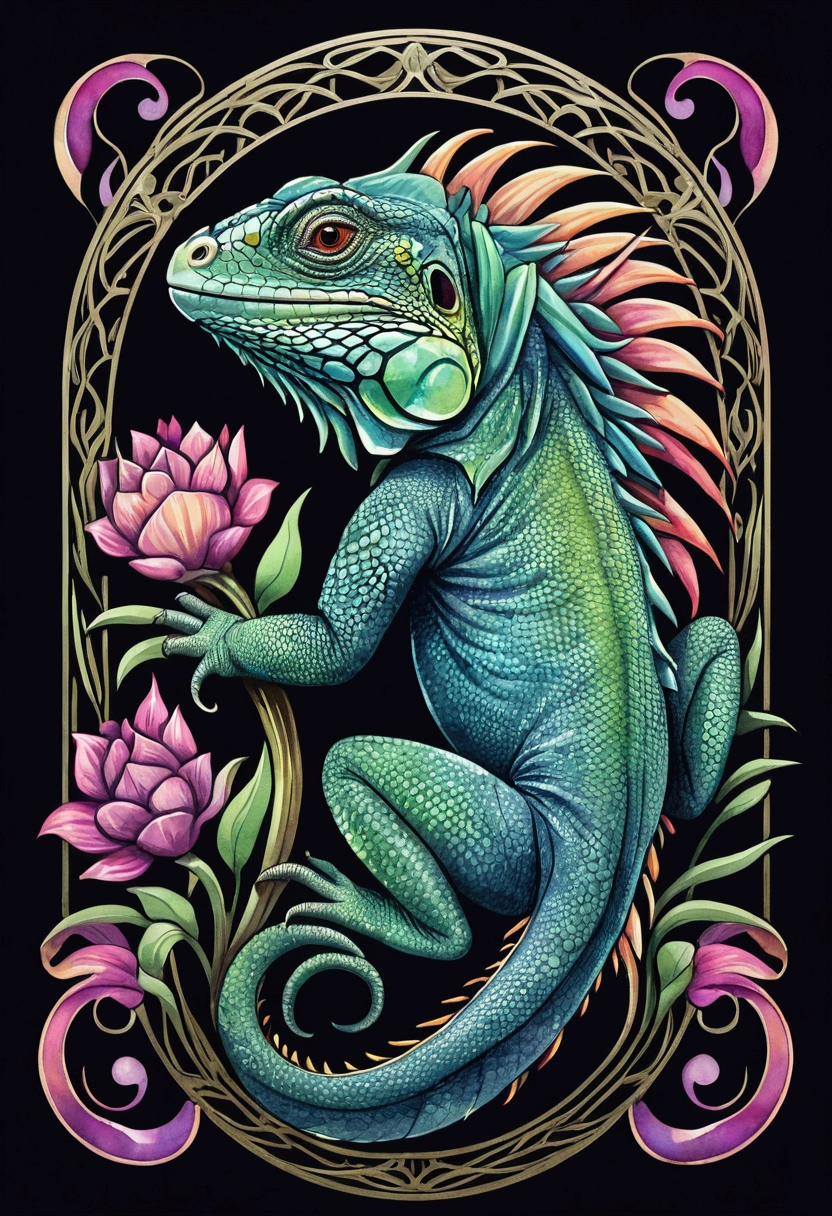 "Central design of an iguana: Art Nouveau, vector with discreet colors and synthwave. Simple background, -ar 1:1. High quality, watercolor logo style with 3D puff printing effect. Strong, dark colors, monochromatic background, by yukisakura, original and incredible colors."