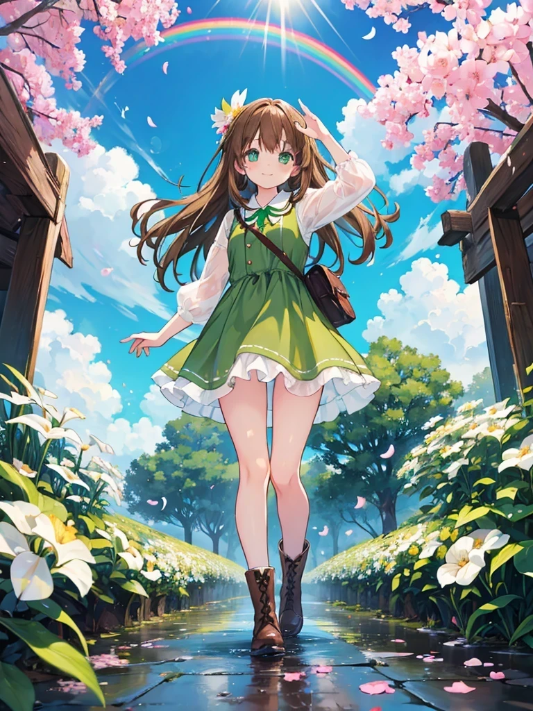 kawaii, anime, Cute, hyper quality, highly detailed, 16k, Front facing, Clarity, smile, full body, one girl, brown long hair, green eyes, It's going to rain, walk in town, blue sky, bright sunlight, brown dress, look up at the sky, wet road, early afternoon, turn one's body around, brown bird keychain, Pouch, hold one hand up to the sky, smiling, , brick road, angel feather hair ornament, wet flowers, small white flowers bloom, color effect, prism effect, white kiwi flowers bloom, petals dance, pale rainbow, rainbow effect, light effects, boots, green ribbon,