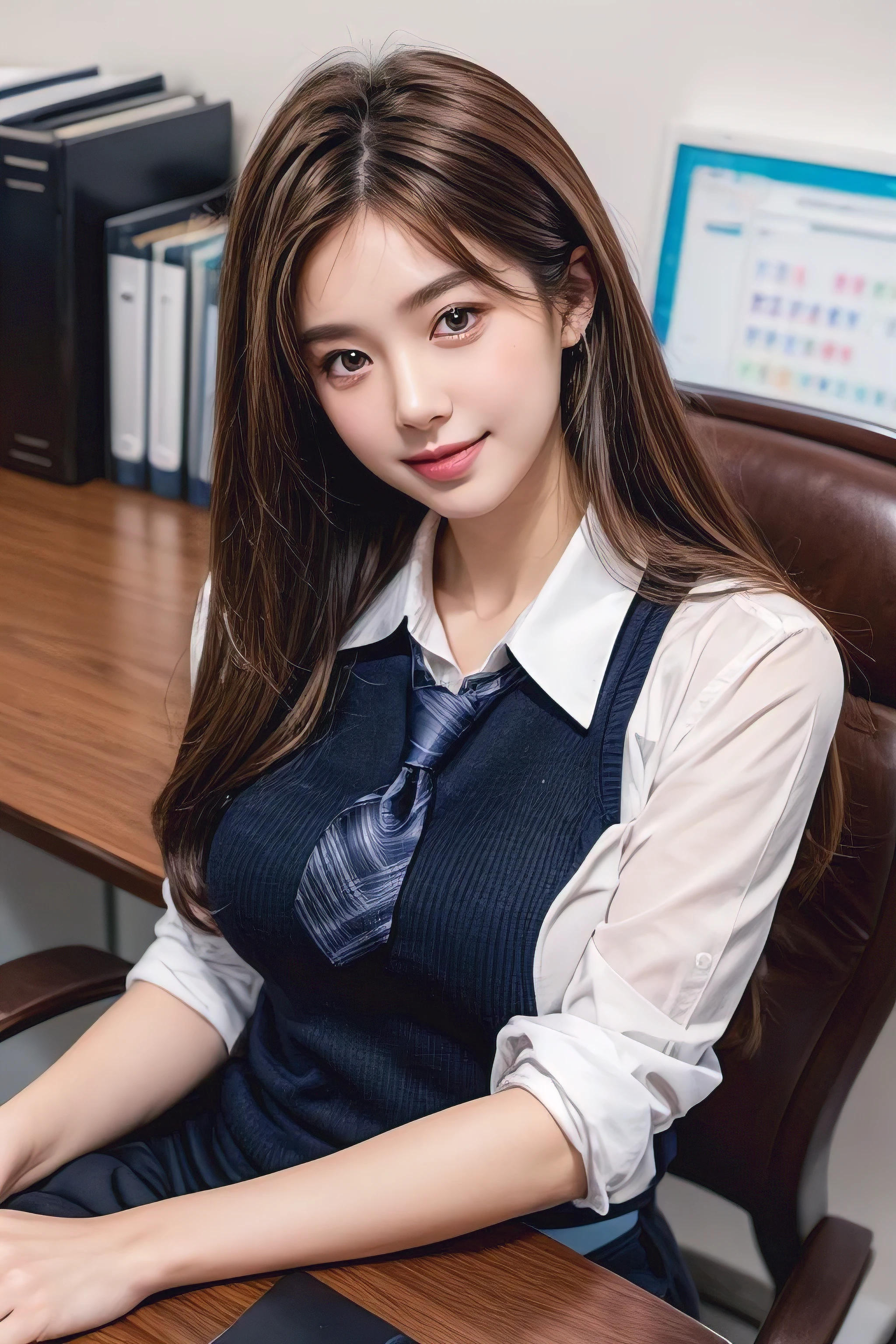 (Natural background), masterpiece, Highest quality, shape, Very detailed, finely, High resolution, 8k wallpaper, Perfect dynamic shape, Finely beautiful eyes, Medium chest, Natural color lip, Random pose, smile, ((office)), Beautiful women in their twenties, Full Body Shot, ((Extra long brown hair:1.2))、 ((working office uniform)), Thinking Ahead, Sit on a chair,Navy blue tie
