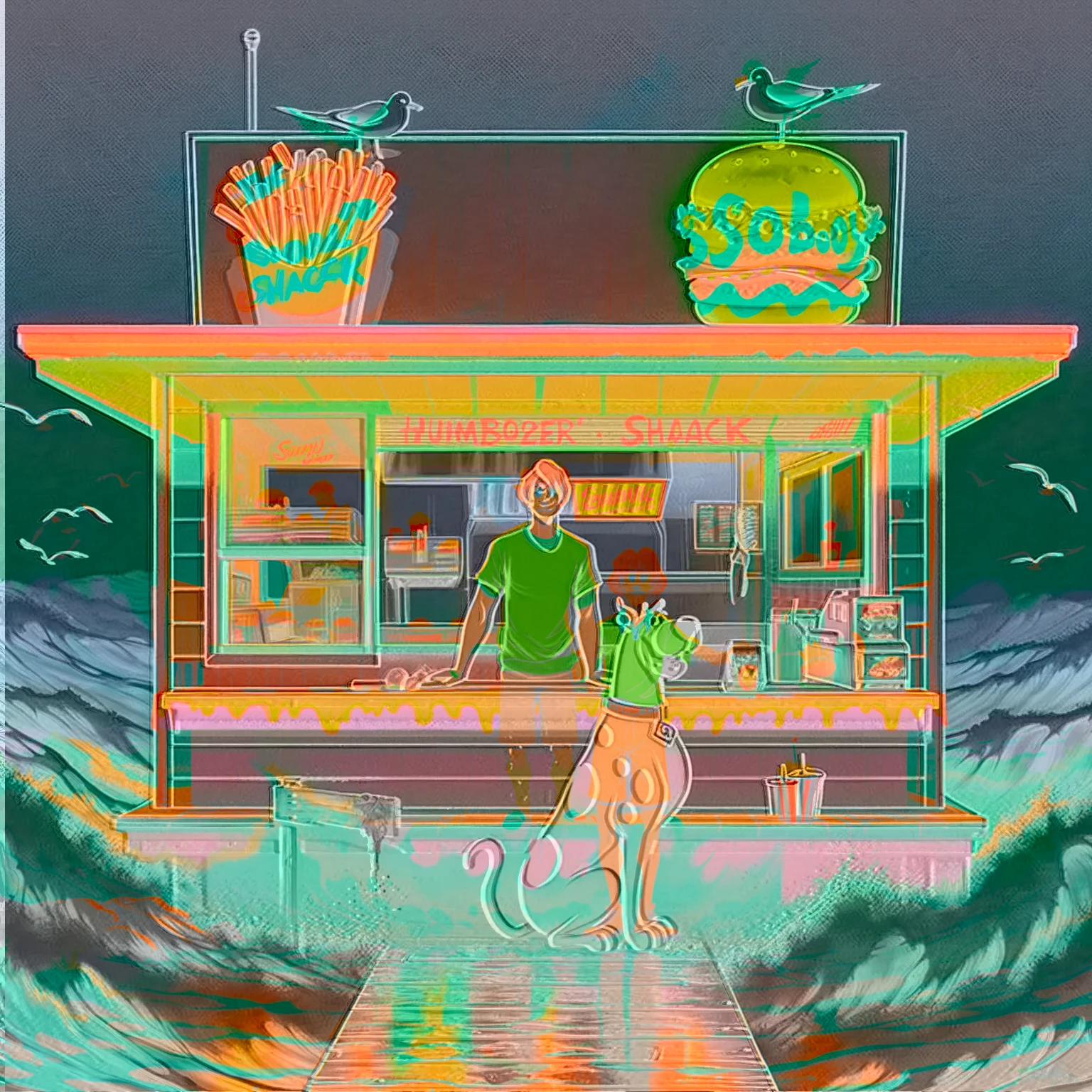 no light source, overwhelming darkness, maximal abyss, Sunset, dim glow, neon, dazzling, warm dark rich coloring, Scooby Doo distinct to original cartoon, ocean front fast food shack, operated by Scooby Doo and Shaggy, waves, sea breeze, seagulls, The scene is minimal, serene, perfect, strange, candid, cinematic, surreal, and timeless. The hamburger grill is lost in space, standing against a blank canvas. The style is a mix of realism and cartoon, with 90s comic aesthetics, expressive ink work, cinematic compositions, and nuanced details. The style is reminiscent of Joelle Jones and 90's scooby doo animated tv show, shaggy wearing tropical green sweater, scooby doo distinct art style,