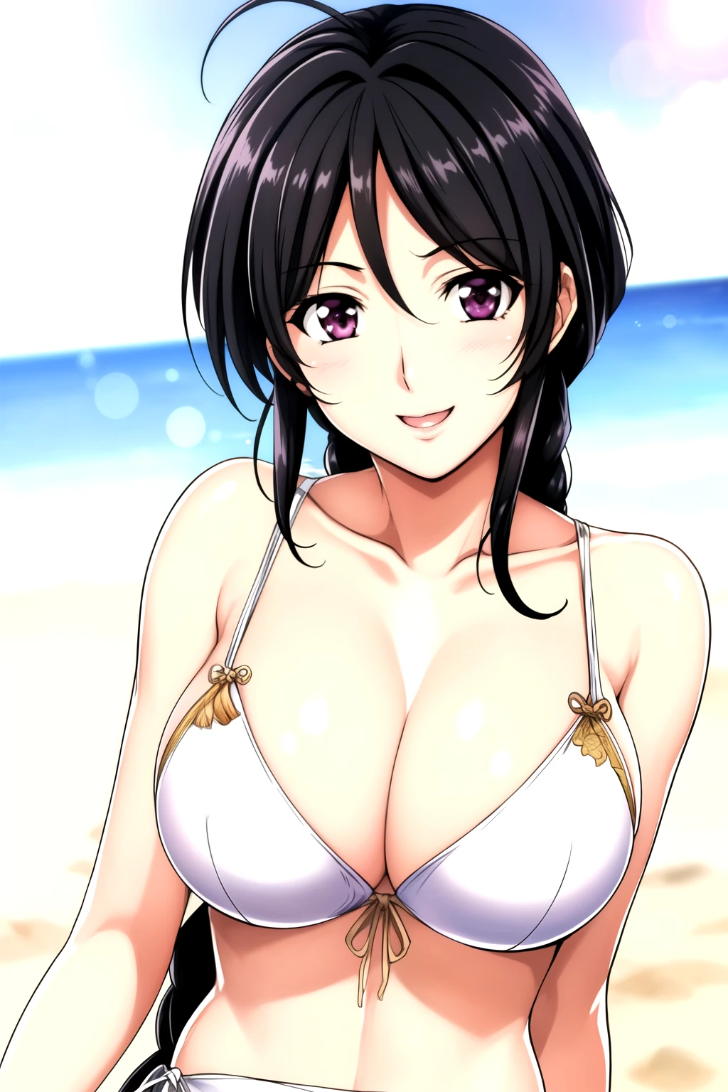 比基尼,Beach,Sunlight, Black Hair, bow, Weaving,Long hair,Purple Eyes,1 girl, 20 years old,Young women,beautiful Finger,beautiful long legs,beautiful Body,beautiful Nose,beautiful character design, Perfect eyes, perfect Face,Expressive eyes, Looking at the audience, In the center of the image,(superior_Body),(Focus on her Face), Official Art,Extremely detailed CG unity 8k wallpaper, Perfect lighting,rich and colorful, bright_front_Face_light,Glowing skin, (masterpiece:1.0),(the best_quality:1.0), 超high resolution,4K,Extremely detailed, photography, 8K, Human Development Report, high resolution, absurd:1.2, Kodak Portra 400, Film Grain, Blurred background, Bokeh:1.2, lens flare, (Energetic_color:1.2) (beautiful_breast:1.3), (beautiful_Face:1.5),(narrow_waist), smile, happy, 比基尼
