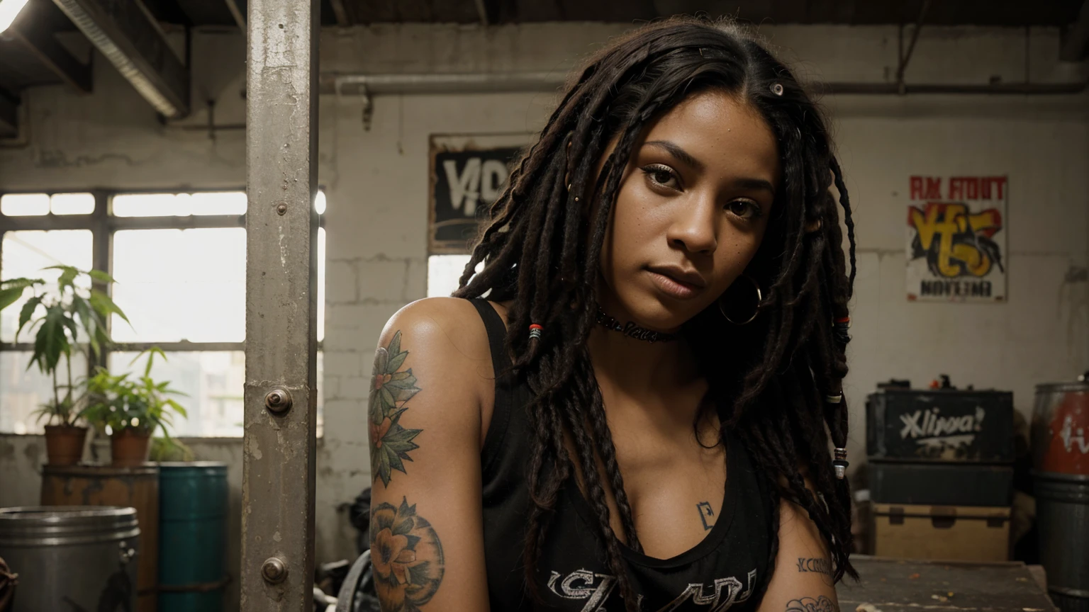 stylized artwork of soft filter. grunge filter. photorealistic. 8k. cinematic, very high resolution. maximum resolution. ultra realistic. unique beautiful face, realistic face, retro grunge photo ascetic. grunge city graffiti , sexy tattooed black-dreadlocks cute sexy ebony girls, in marijuana plants buds crop, red gym outfit