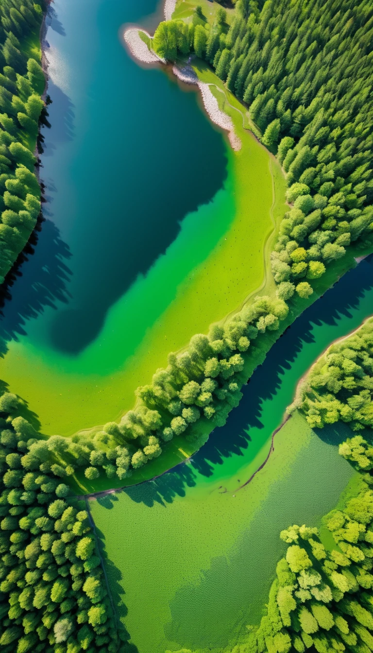 The art of dot painting:Flat Wind,Green,Top view,Aerial Photography,Colored Forest,lake