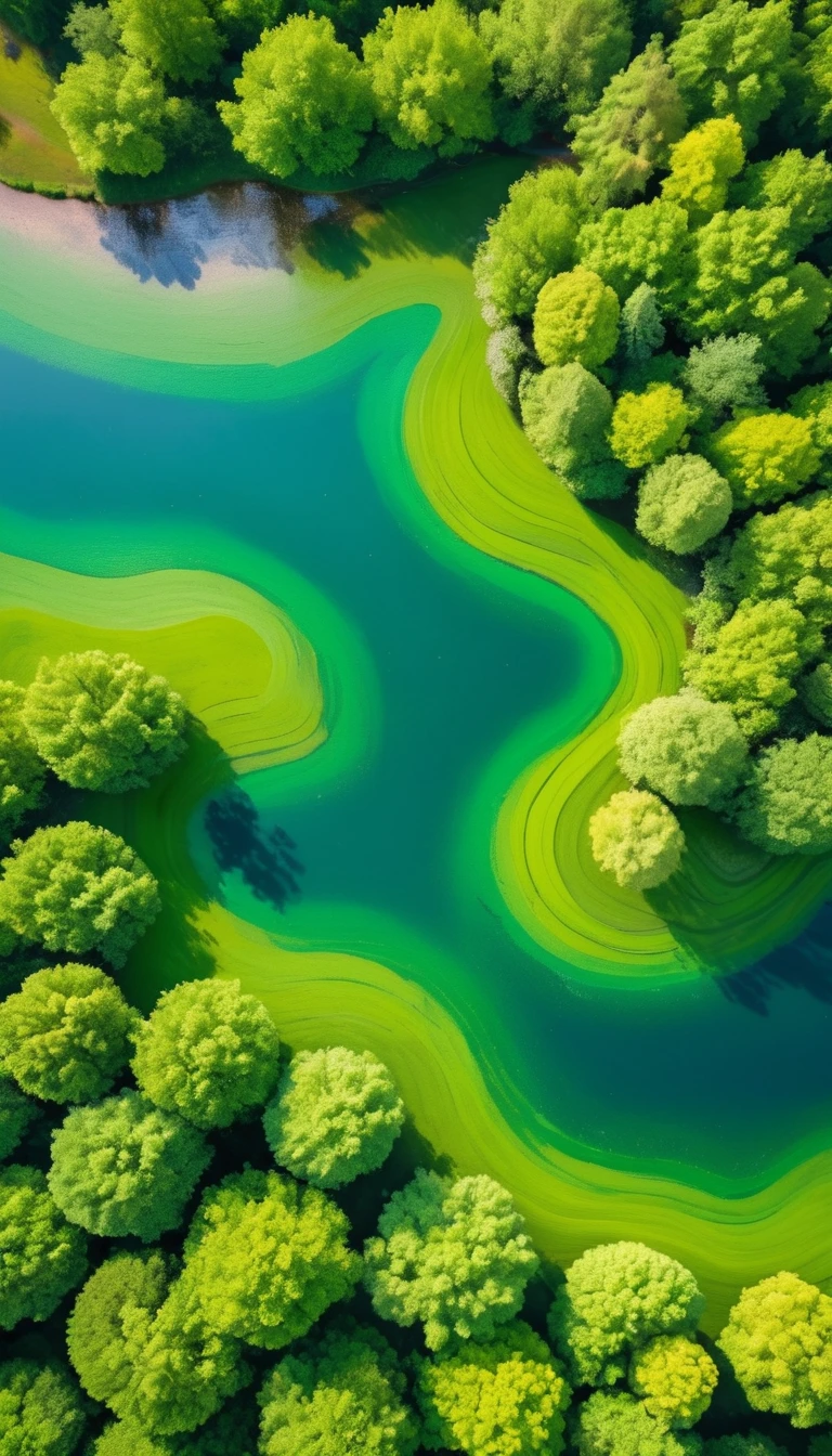 The art of dot painting:Flat Wind,Green,Top view,Aerial Photography,Colored Forest,lake