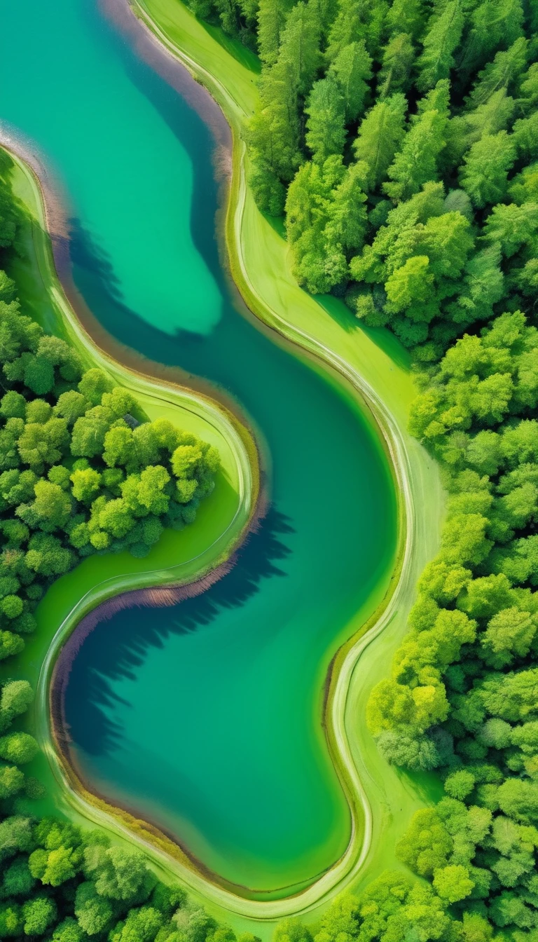The art of dot painting：Flat Wind，Green，Top view，Aerial Photography，Colored Forest，lake