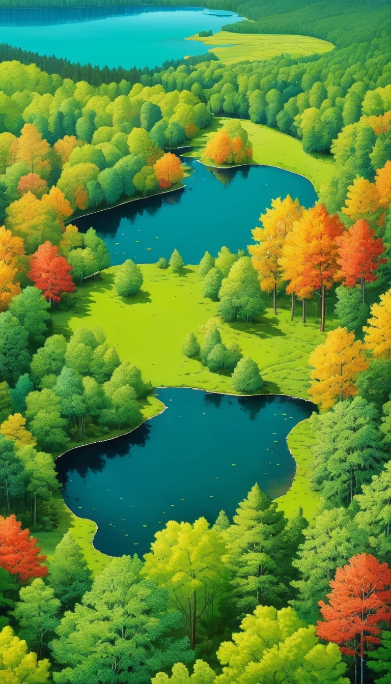 The art of dot painting：Flat Wind，Green，Top view，Aerial Photography，Colored Forest，lake