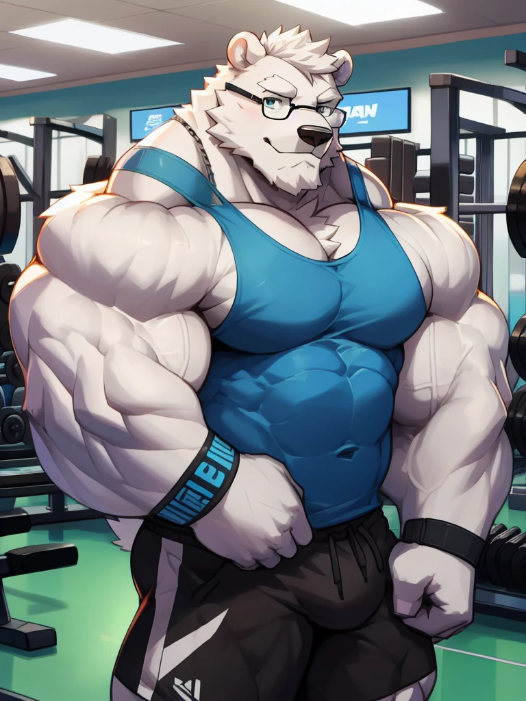 solo, 1boy, Huge Muscular White Polar Bear wearing glasses, huge white fur, pectoral, huge pectoral, wide pectoral, short white hair, blue colored short pants, blue colored wristbands and blue colored tank top, white bearded, white Mustache, white fur, black eyebrows, gym fitness center background, masterpiece, high detailed, 8k, high resolution, at the gym, flexes huge thorax, looking at the viewer, acting all hunk
